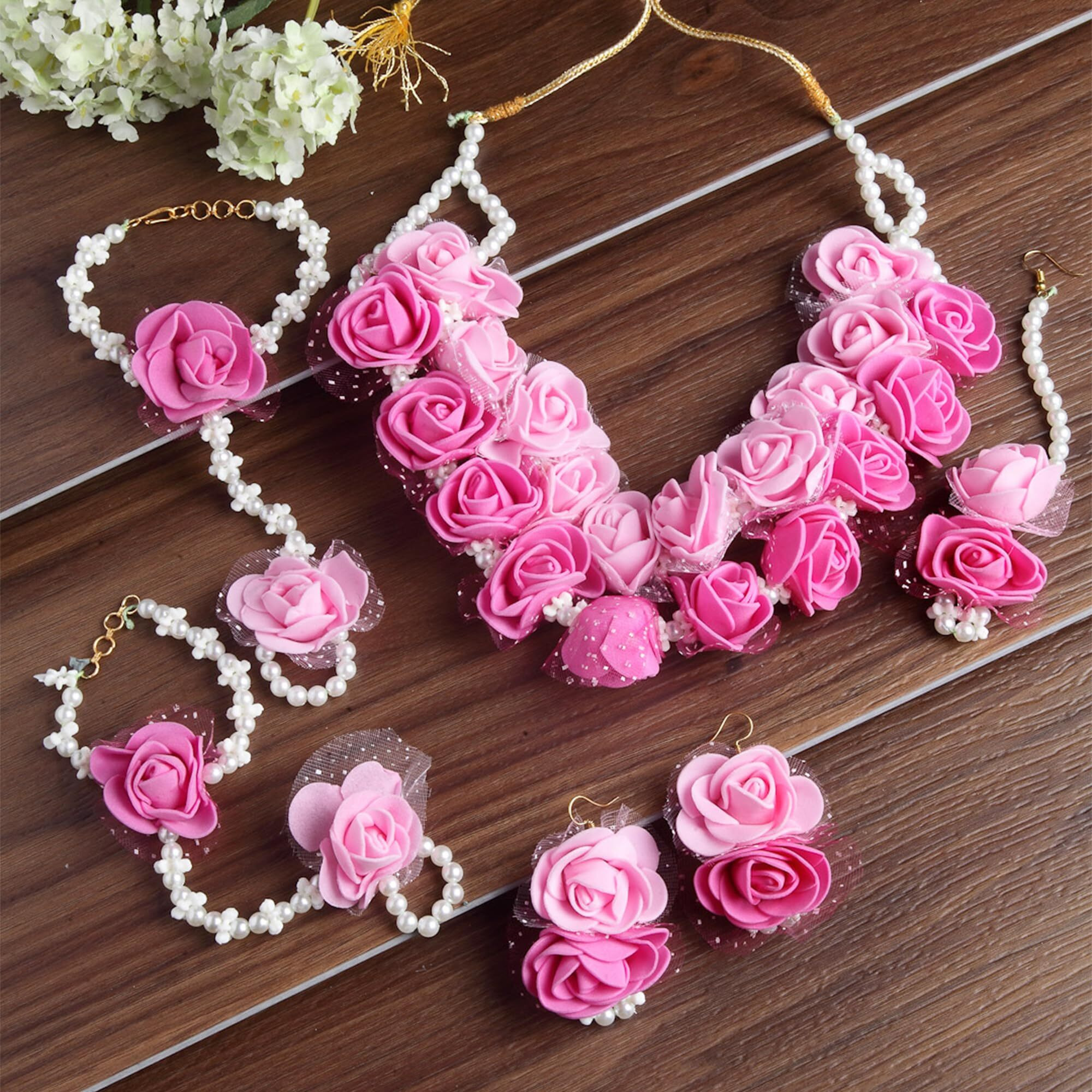 ZENEME Jewellery Set for Women Floret Gota Patti Necklace, Earrings, Bracelet & Maang Tika for Women & Girls (Mehandi/Haldi)