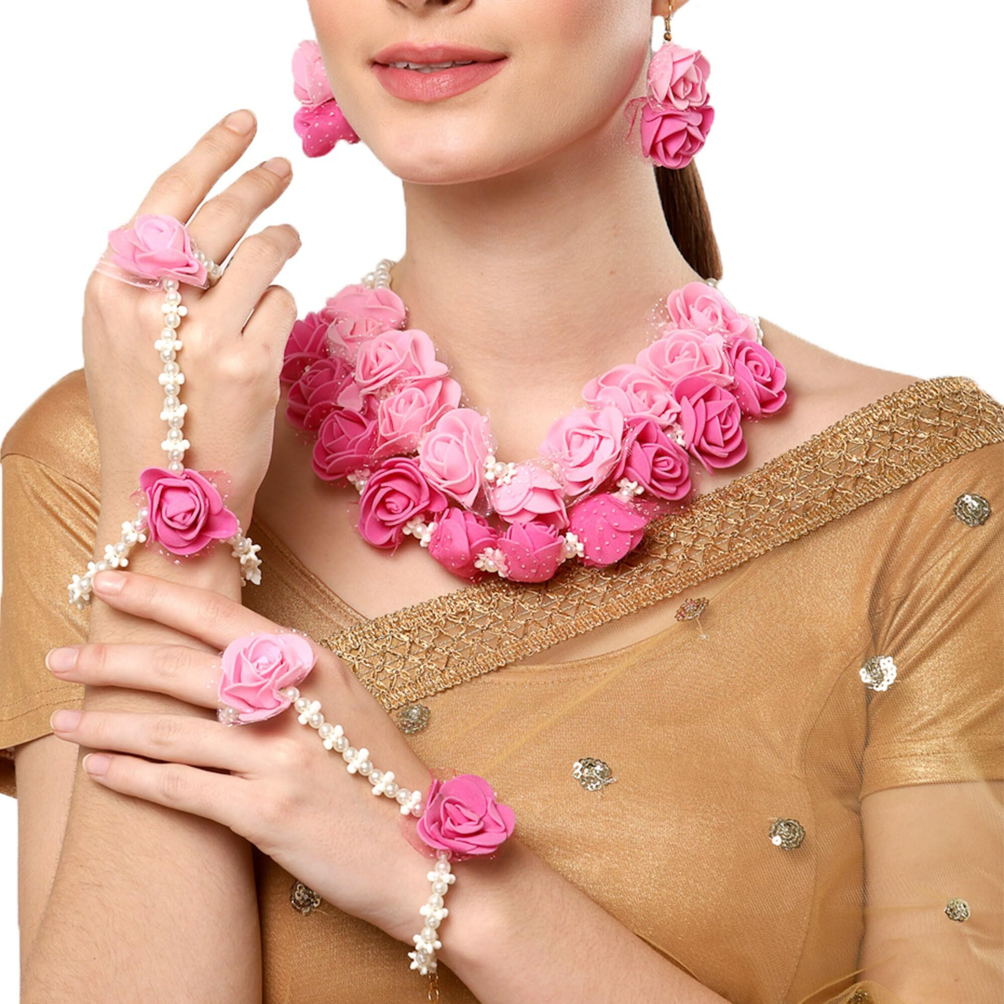 ZENEME Jewellery Set for Women Floret Gota Patti Necklace, Earrings, Bracelet & Maang Tika for Women & Girls (Mehandi/Haldi)