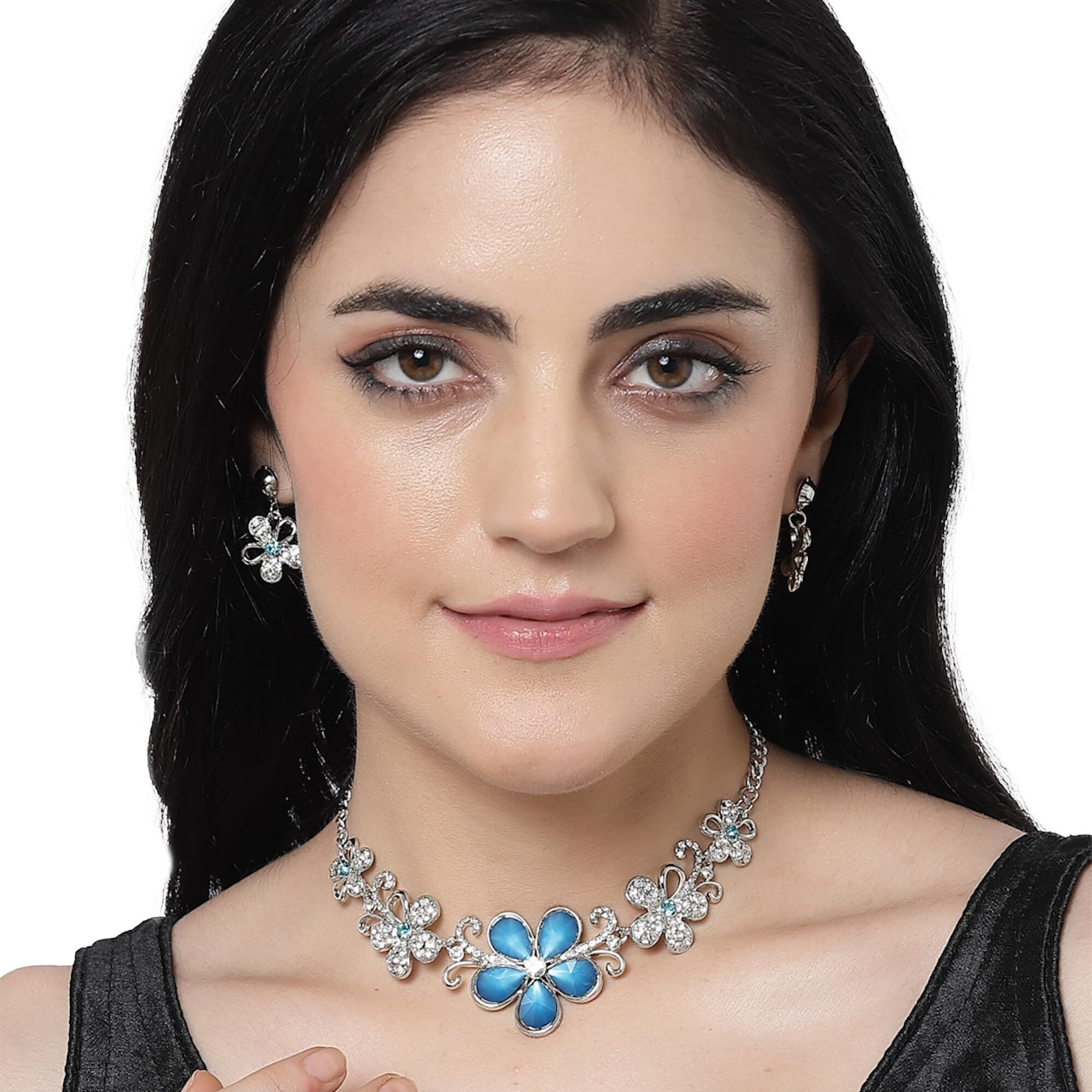 ZENEME Rhodium-Plated American Diamonds Studded Floweret Necklace With Earrings Jewellery Set For Girls and Women (Navy Blue)