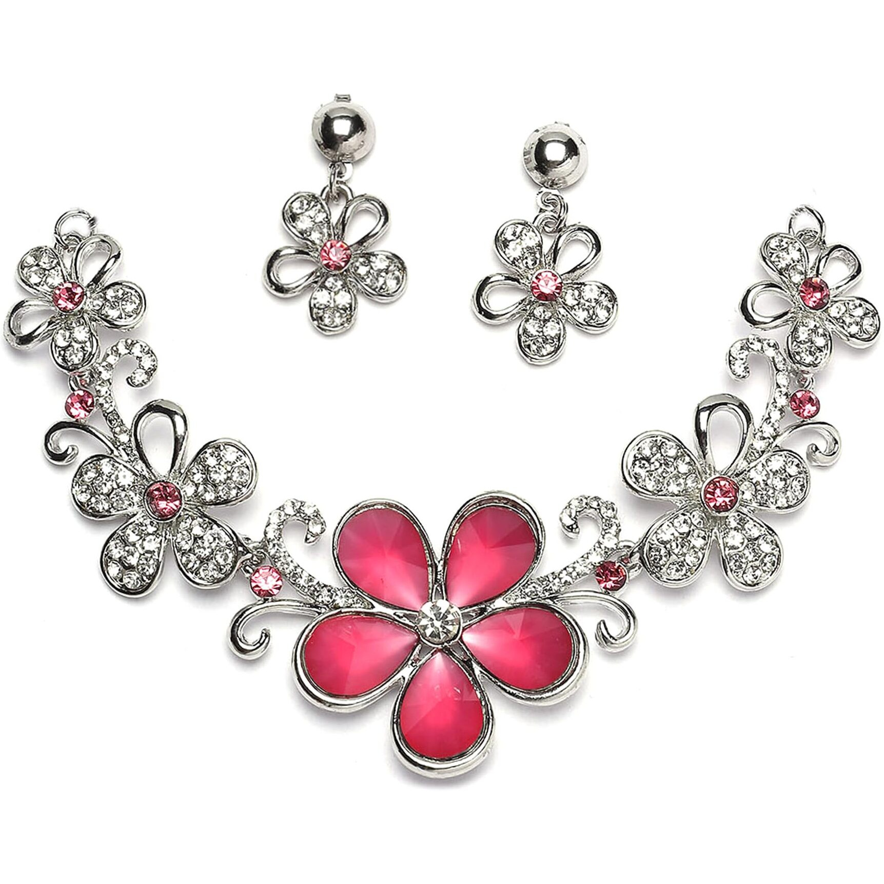ZENEME Rhodium-Plated American Diamonds Studded Floweret Necklace With Earrings Jewellery Set For Girls and Women (Red)