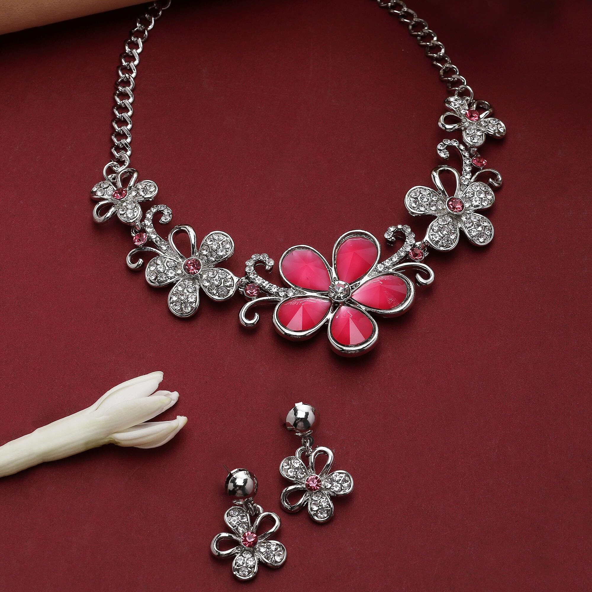 ZENEME Rhodium-Plated American Diamonds Studded Floweret Necklace With Earrings Jewellery Set For Girls and Women (Red)