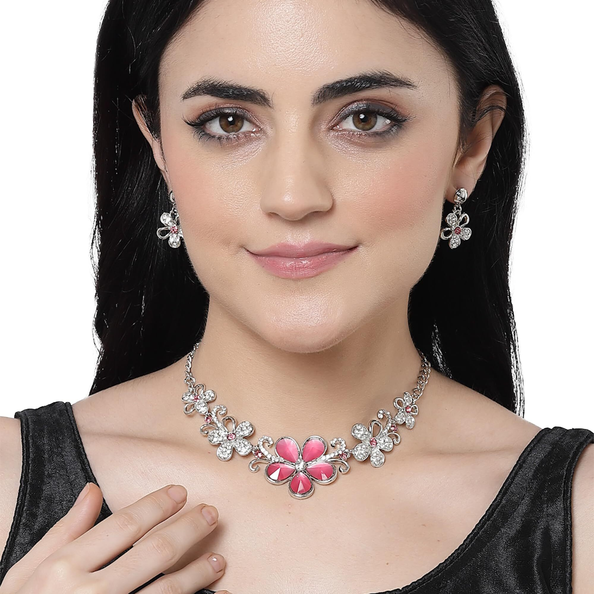 ZENEME Rhodium-Plated American Diamonds Studded Floweret Necklace With Earrings Jewellery Set For Girls and Women (Red)