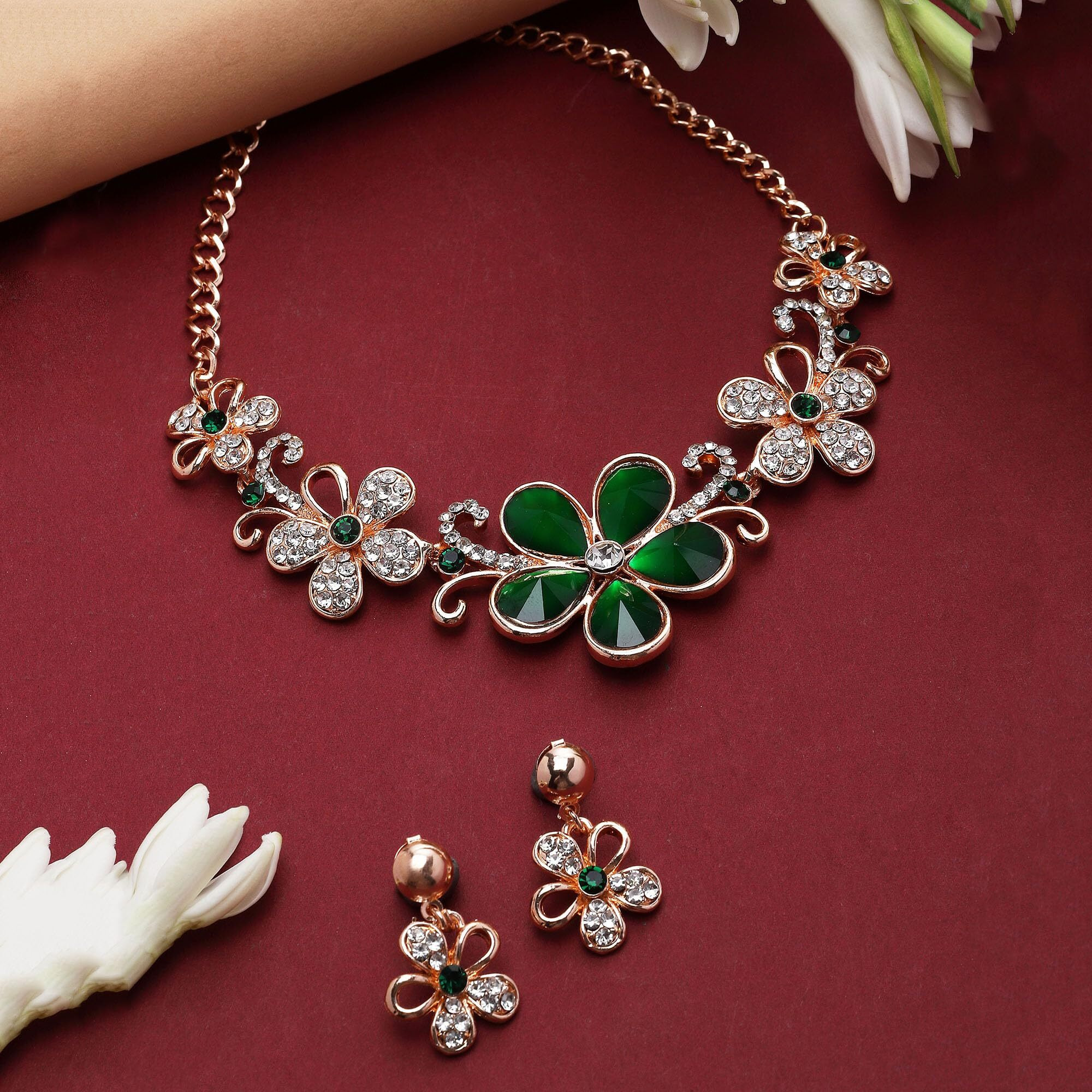 ZENEME Rhodium-Plated American Diamonds Studded Floweret Necklace With Earrings Jewellery Set For Girls and Women (Green-Rose Gold)