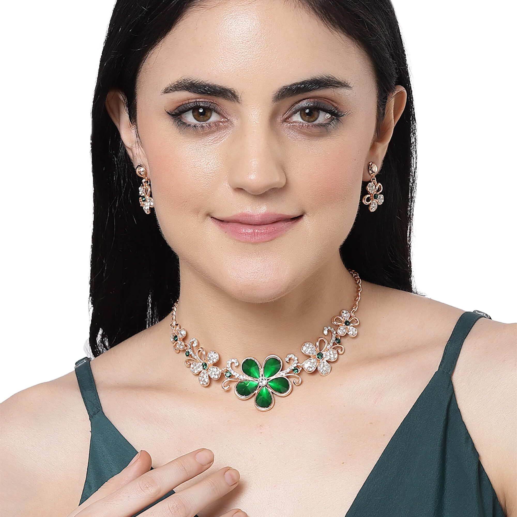 ZENEME Rhodium-Plated American Diamonds Studded Floweret Necklace With Earrings Jewellery Set For Girls and Women (Green-Rose Gold)