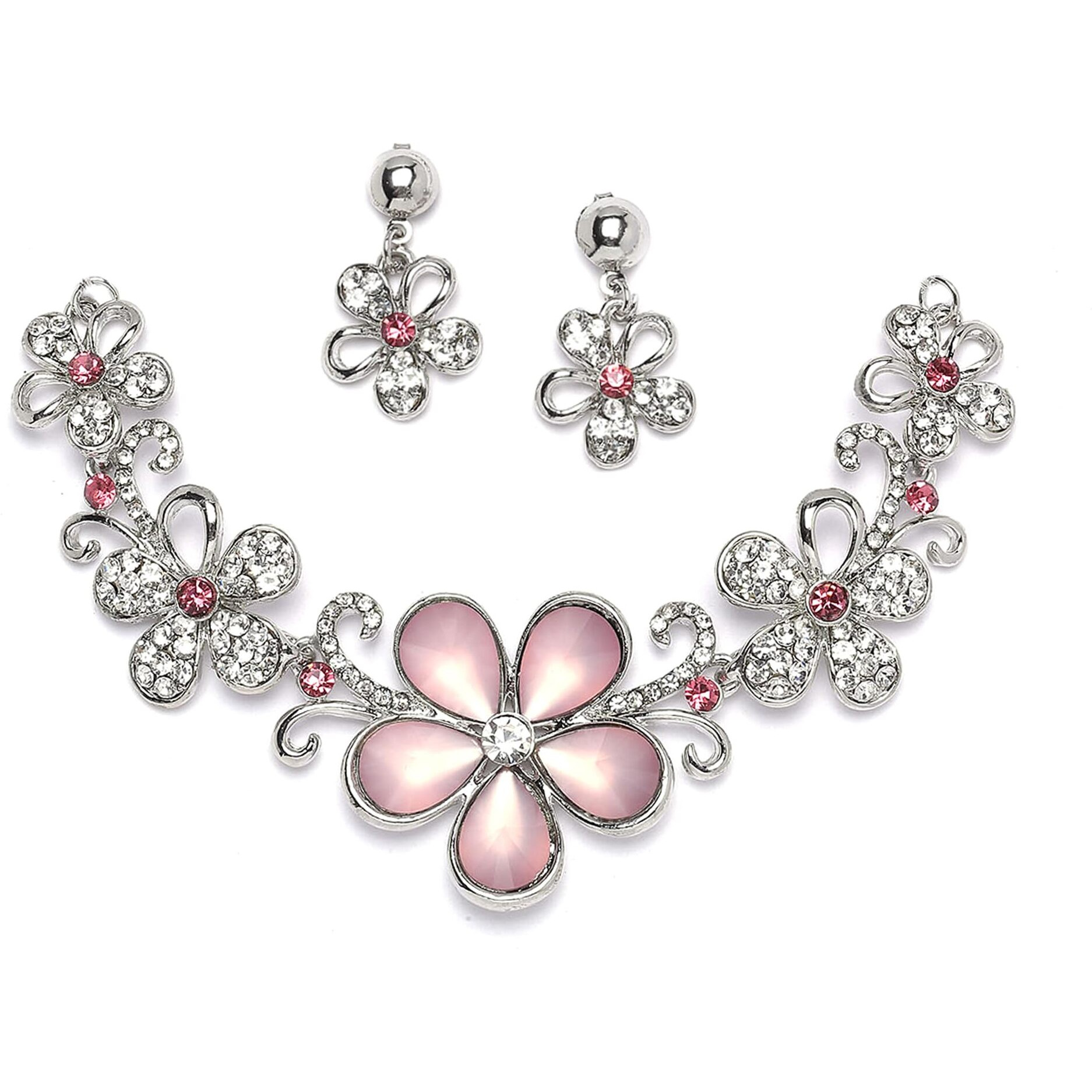 ZENEME Rhodium-Plated American Diamonds Studded Floweret Necklace With Earrings Jewellery Set For Girls and Women (Pink-Silver)