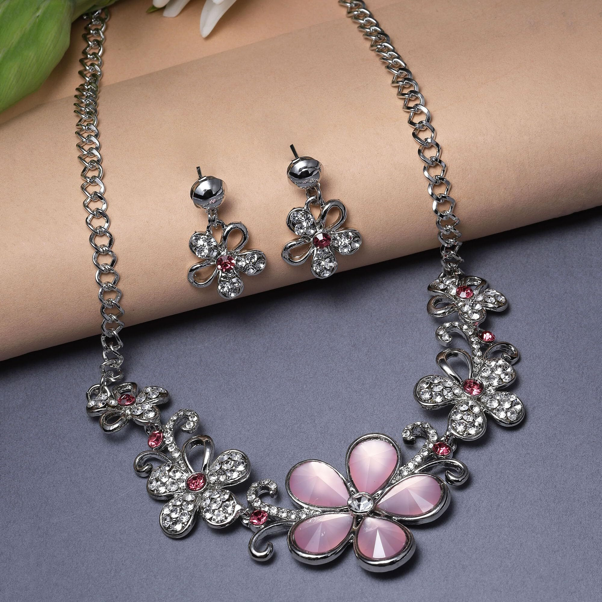 ZENEME Rhodium-Plated American Diamonds Studded Floweret Necklace With Earrings Jewellery Set For Girls and Women (Pink-Silver)