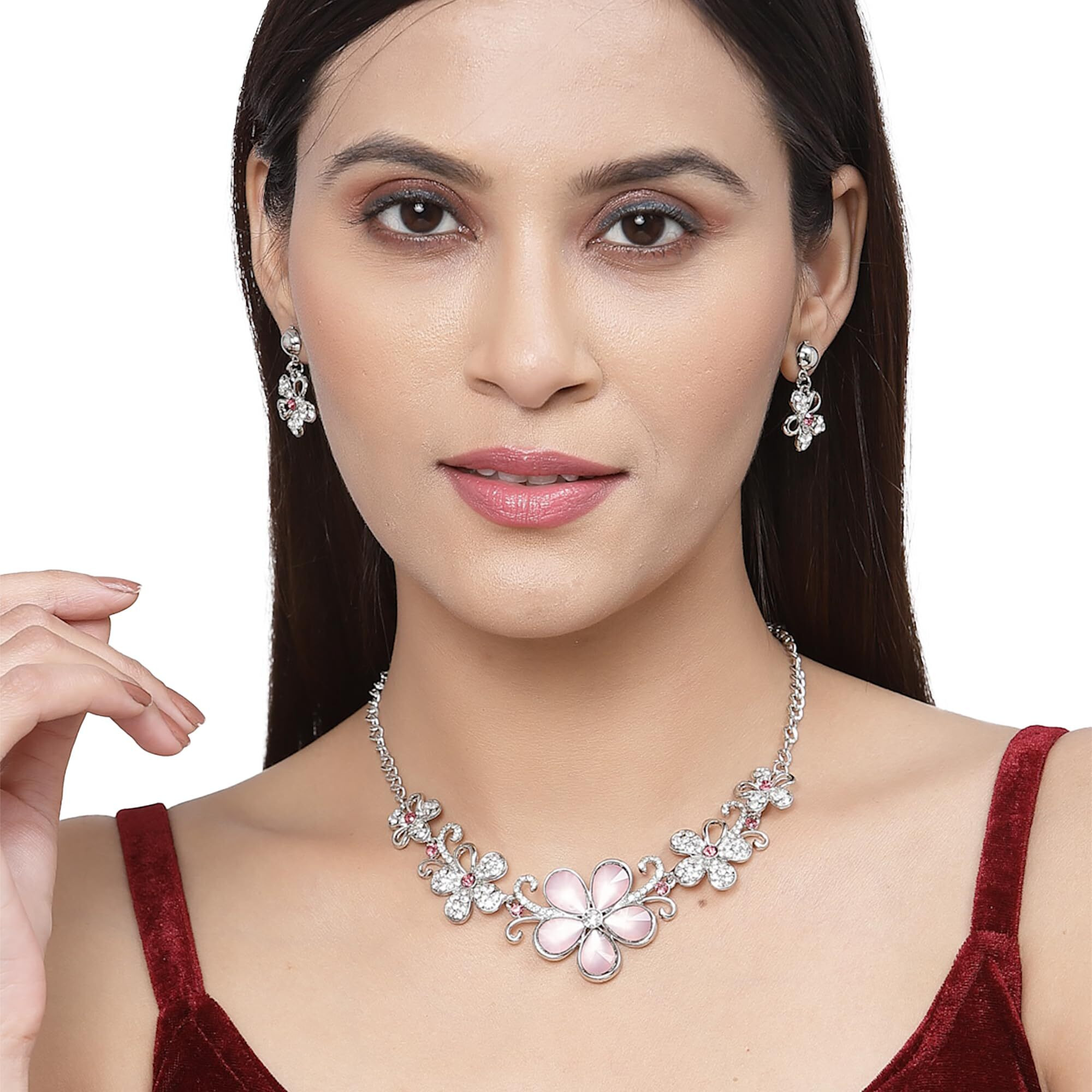 ZENEME Rhodium-Plated American Diamonds Studded Floweret Necklace With Earrings Jewellery Set For Girls and Women (Pink-Silver)