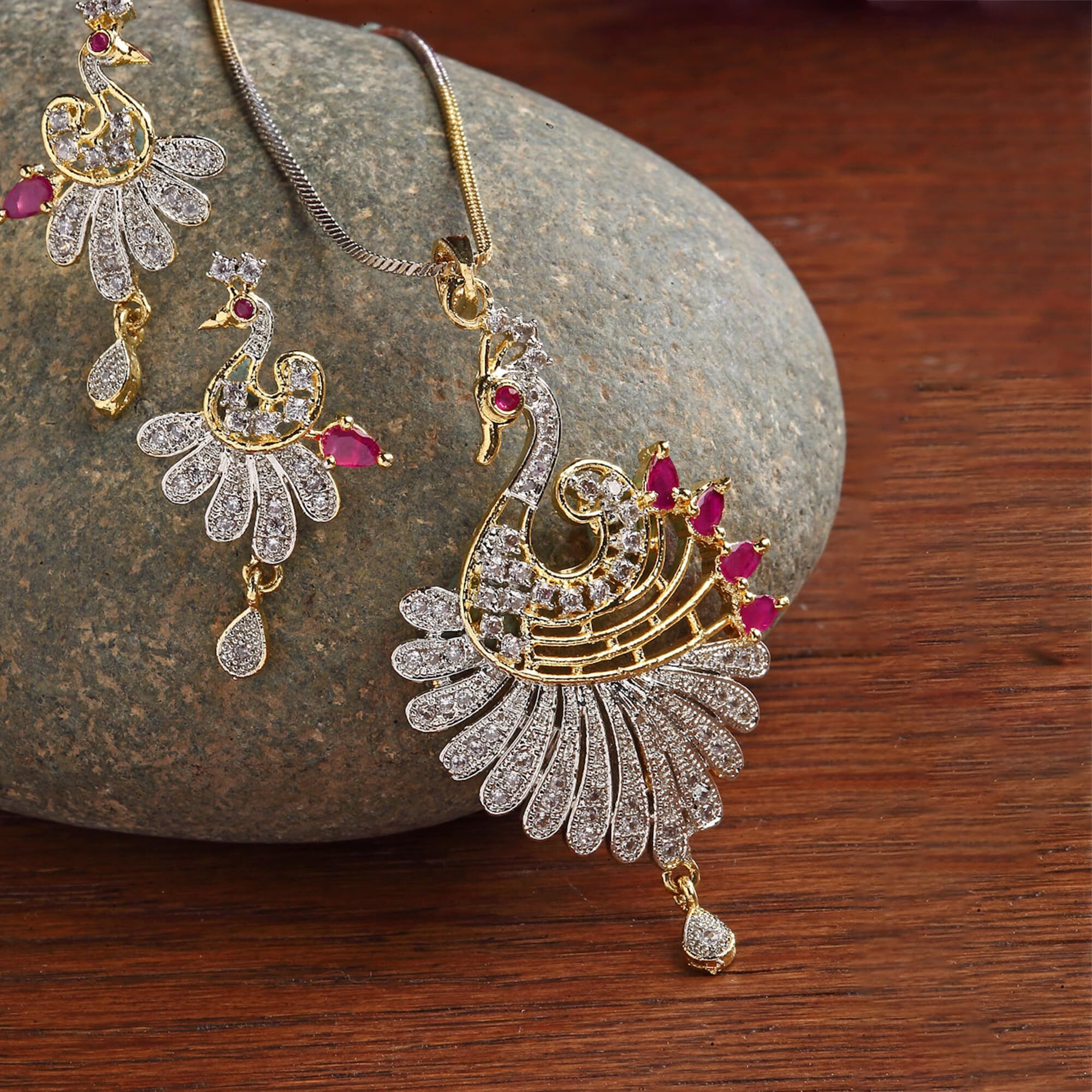 ZENEME Pendant Gold Plated American Diamond Multi Colour Peacock Design Pendant Set With Earring Jewellery For Girls & Women (Design 1)