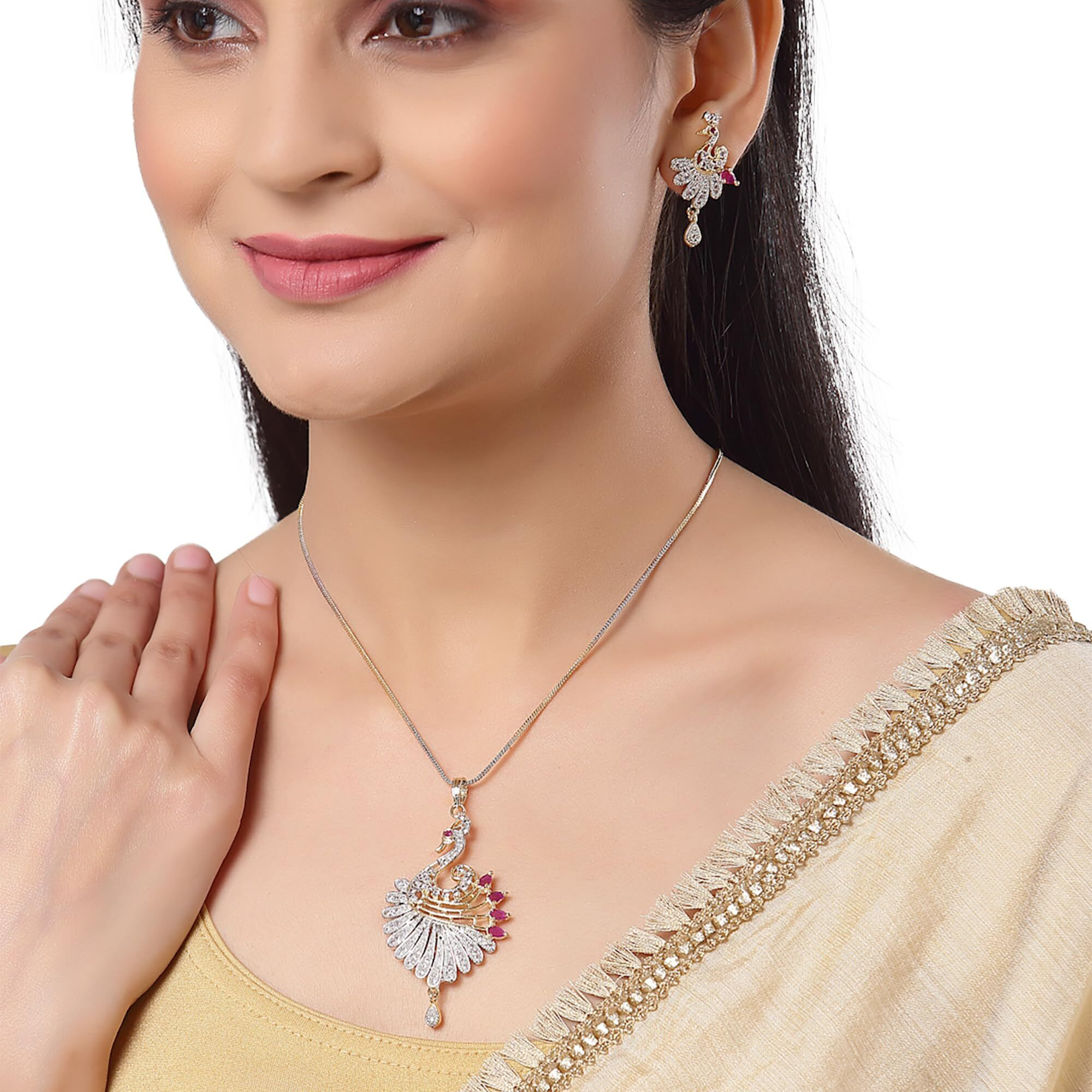 ZENEME Pendant Gold Plated American Diamond Multi Colour Peacock Design Pendant Set With Earring Jewellery For Girls & Women (Design 1)