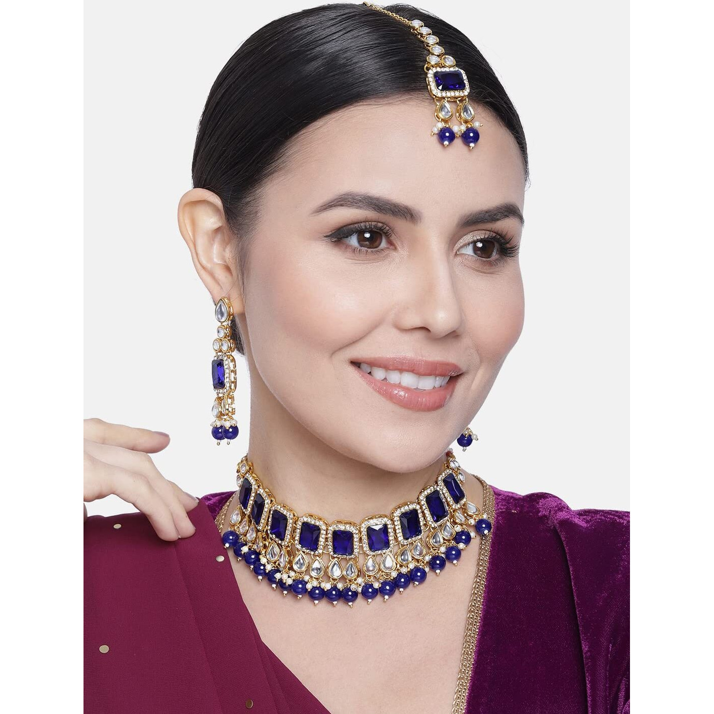Peora Gold Plated Traditional Blue Kundan Choker Necklace Jewellery Set with Earring Maang Tikka for Women & Girls
