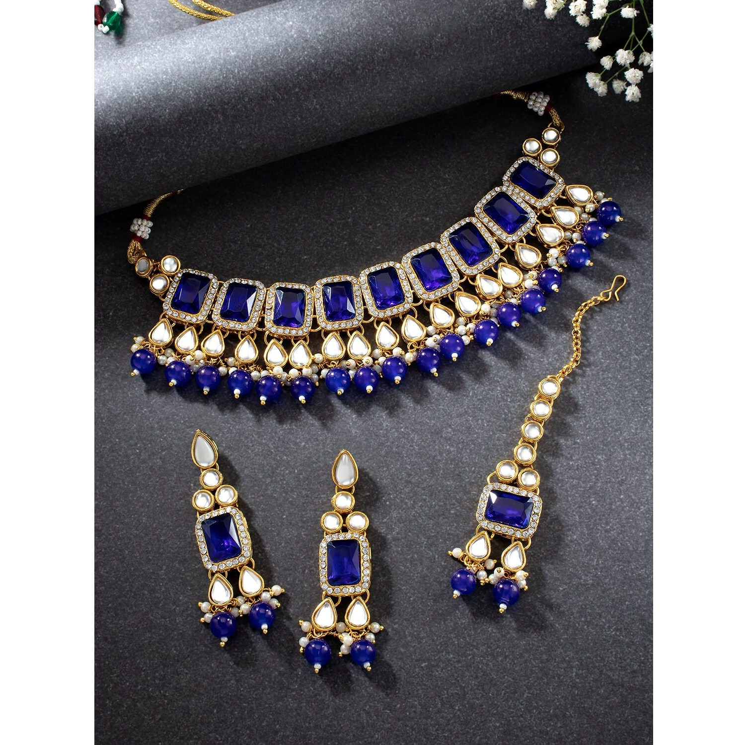 Peora Gold Plated Traditional Blue Kundan Choker Necklace Jewellery Set with Earring Maang Tikka for Women & Girls