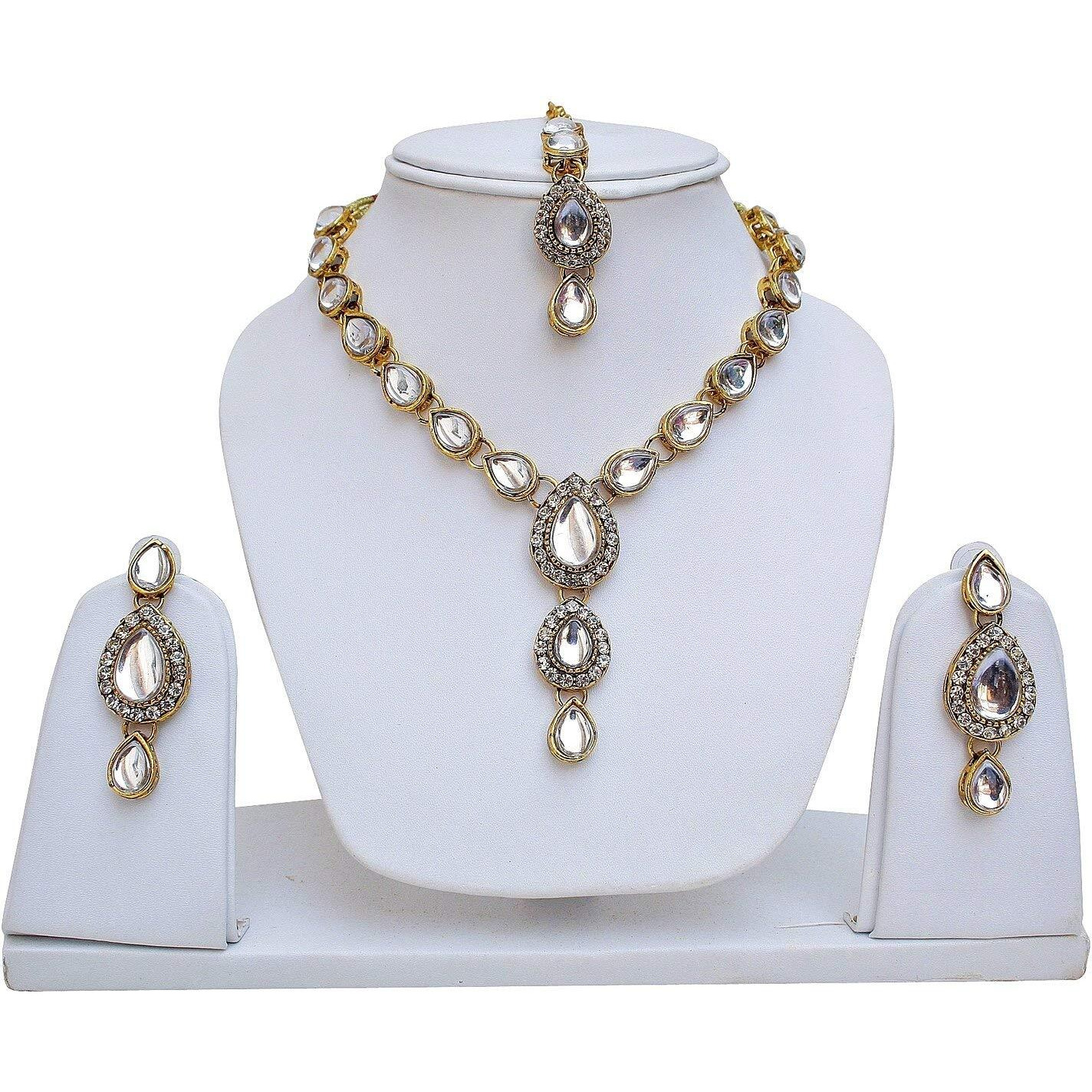 Lucky Jewellery White Gold Plated Kundan Jewellery Set for Women (MSK-1-LINE-W)