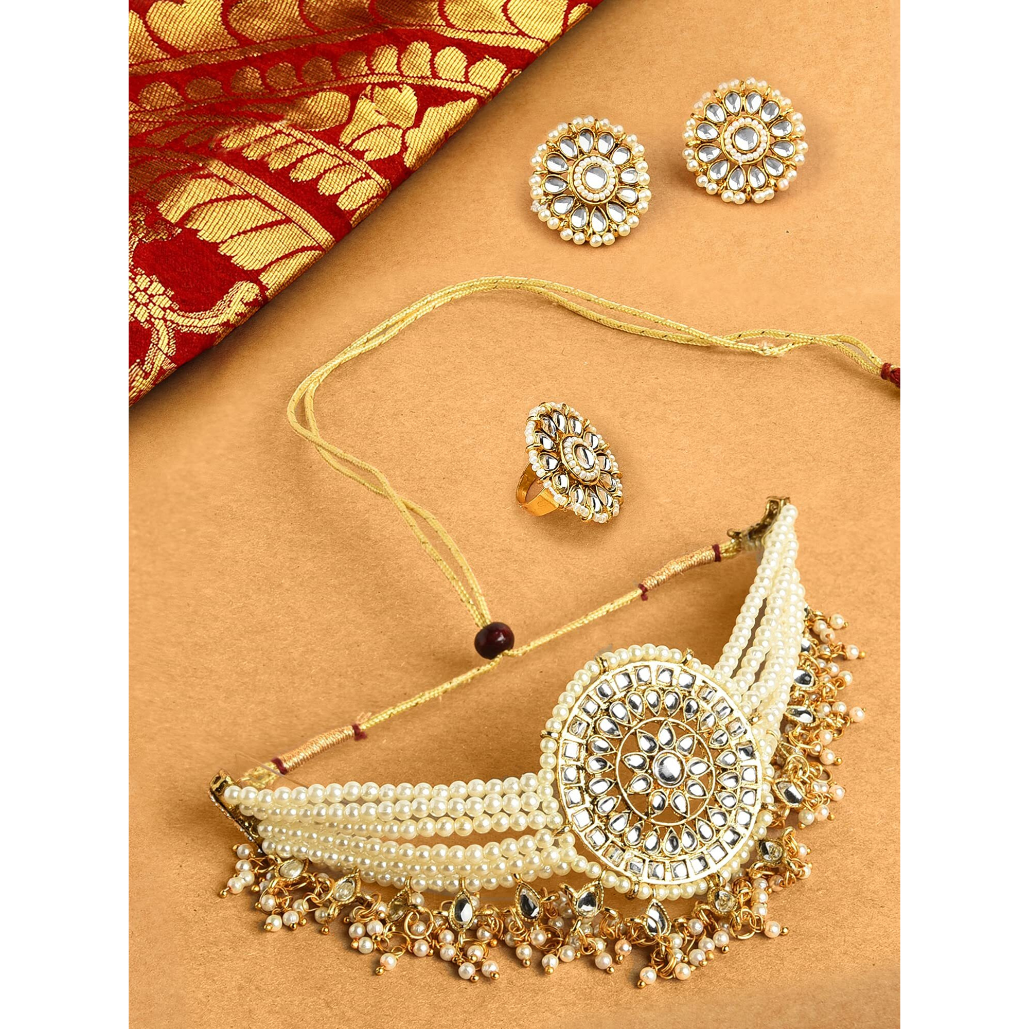 ZAVERI PEARLS Gold Tone Multistrand Kundan Choker Necklace Earring & Ring Set For Women-ZPFK10769