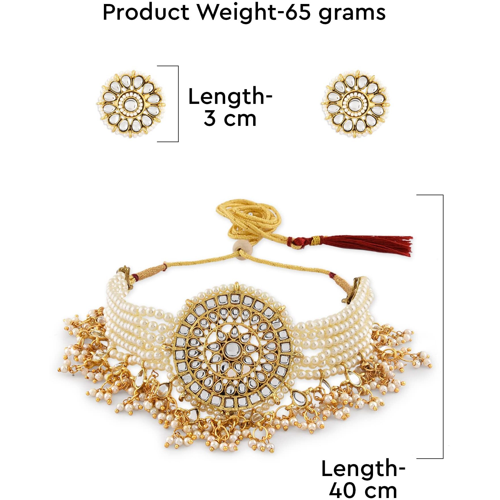 ZAVERI PEARLS Gold Tone Multistrand Kundan Choker Necklace Earring & Ring Set For Women-ZPFK10769