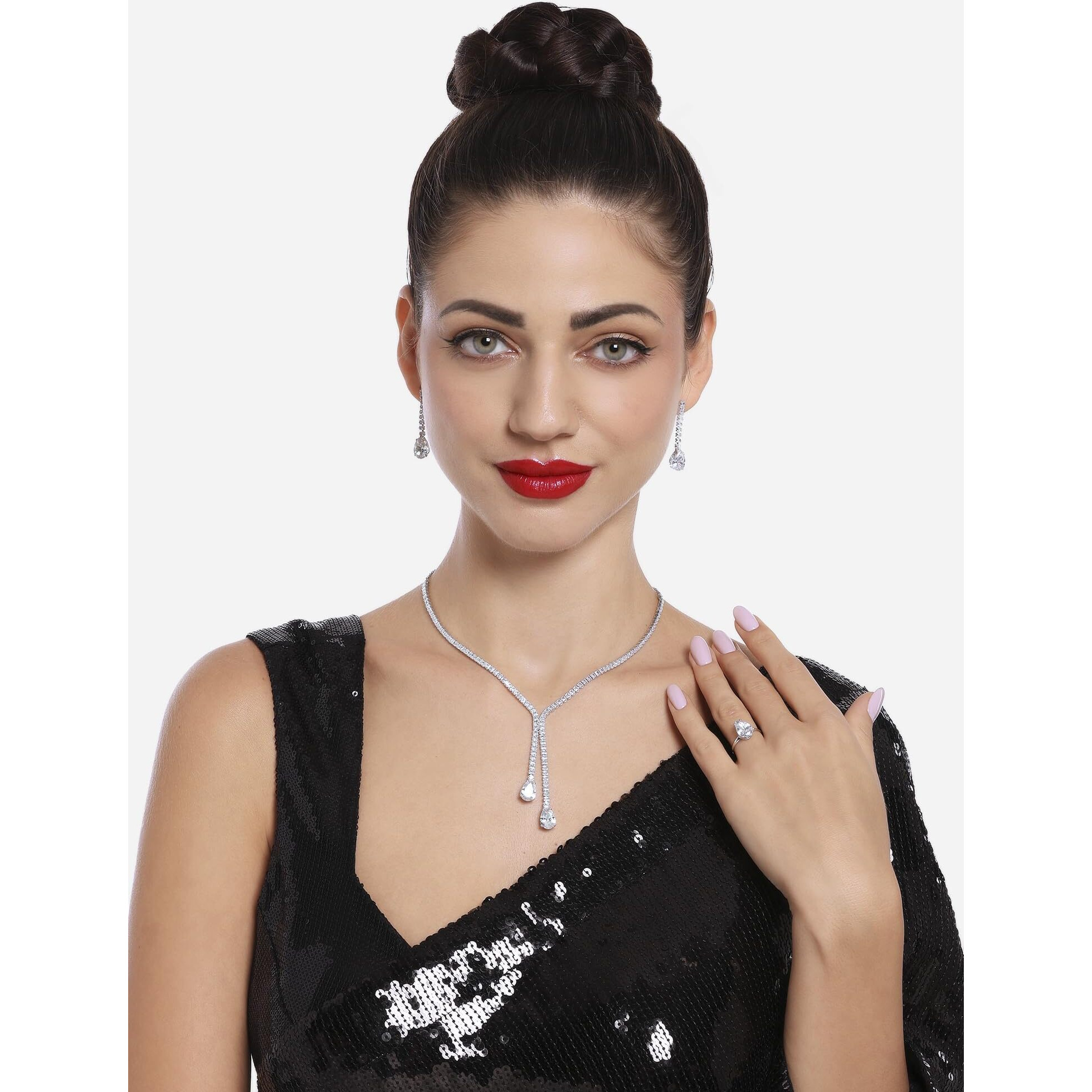 ZAVERI PEARLS Silver Tone Cubic Zirconia Designer Brass Party Lariat Contemparory Necklace Earring & Ring Set For Women-ZPFK16718