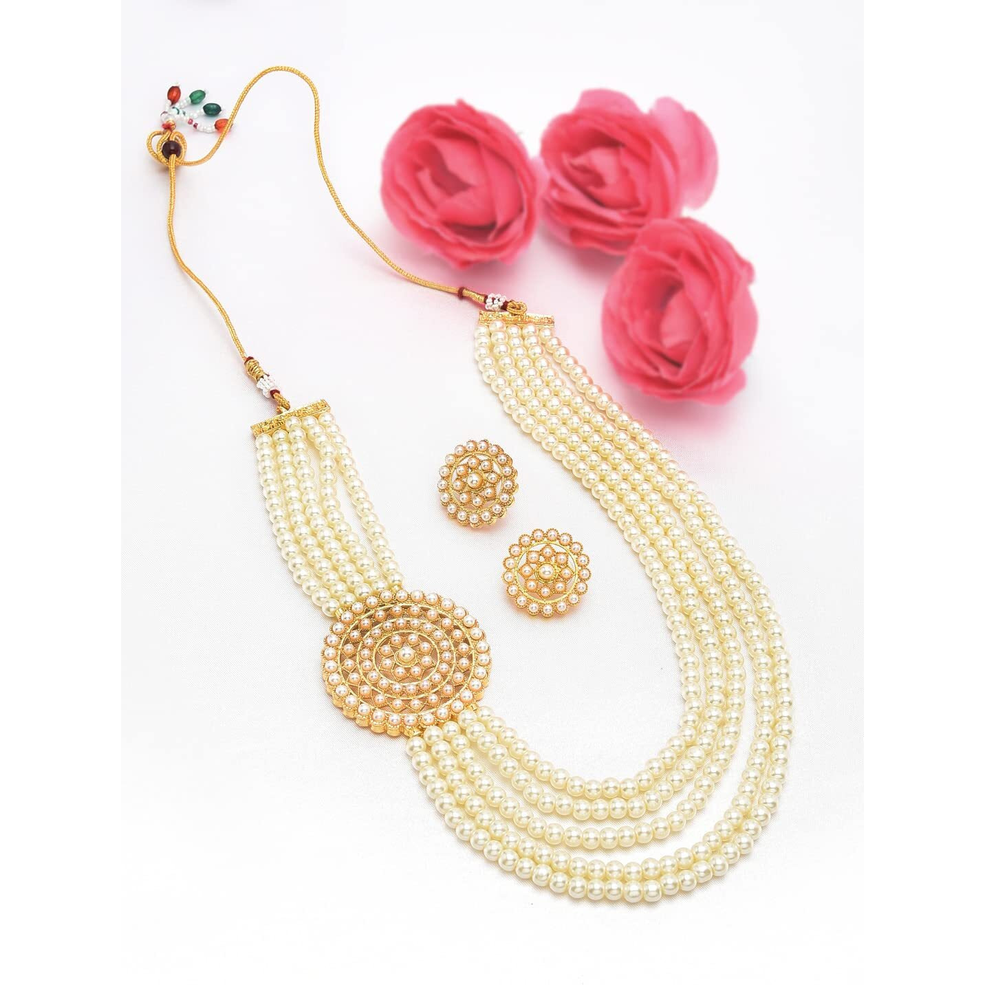 ZAVERI PEARLS Gold Tone Multi Layered Side Brooch Pearls Long Necklace & Earring Set For Women-ZPFK10262