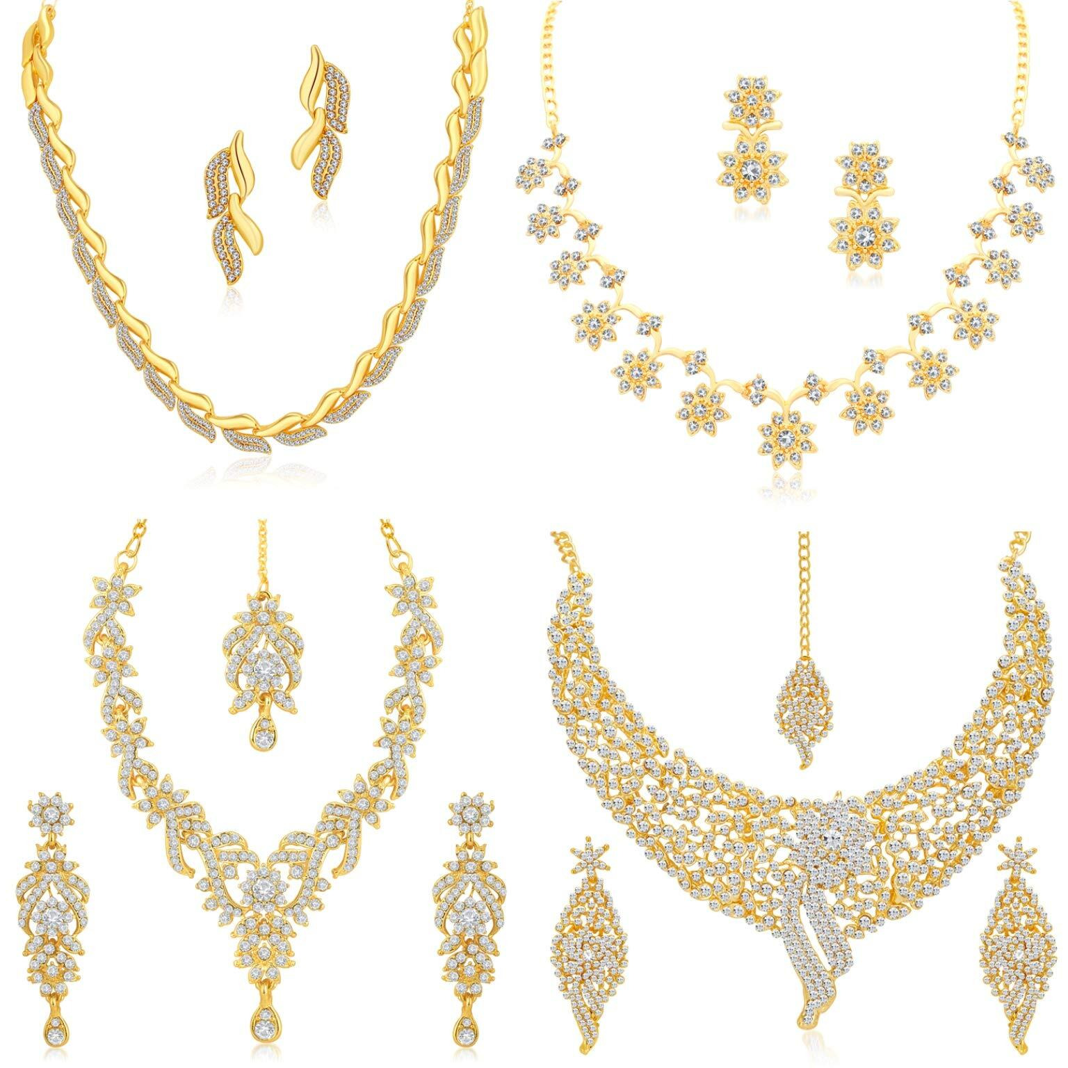 Sukkhi Sparkling Gold Plated Wedding Jewellery Austrian Diamond Set of 4 Necklace Combo for Women (SKR48715)