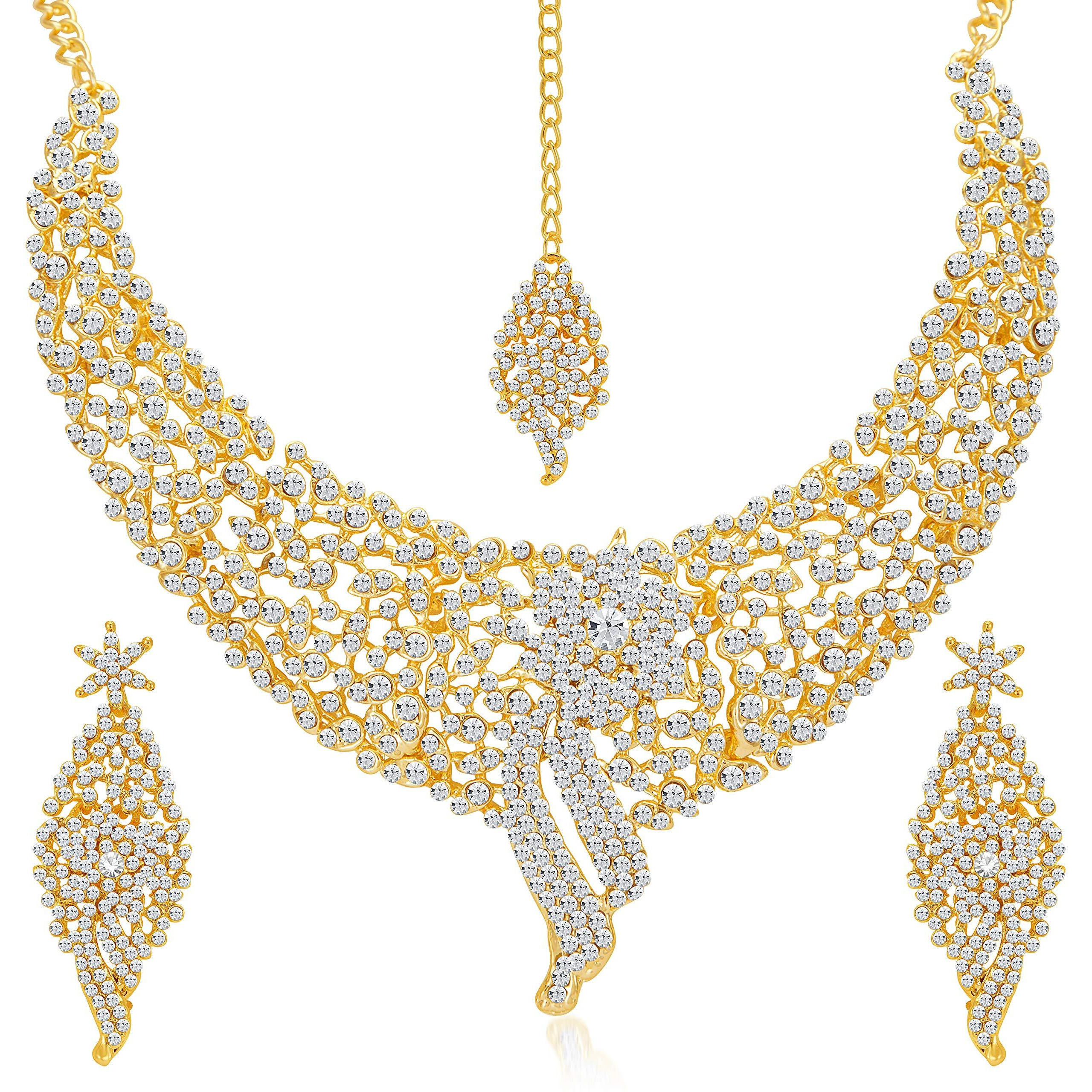 Sukkhi Sparkling Gold Plated Wedding Jewellery Austrian Diamond Set of 4 Necklace Combo for Women (SKR48715)