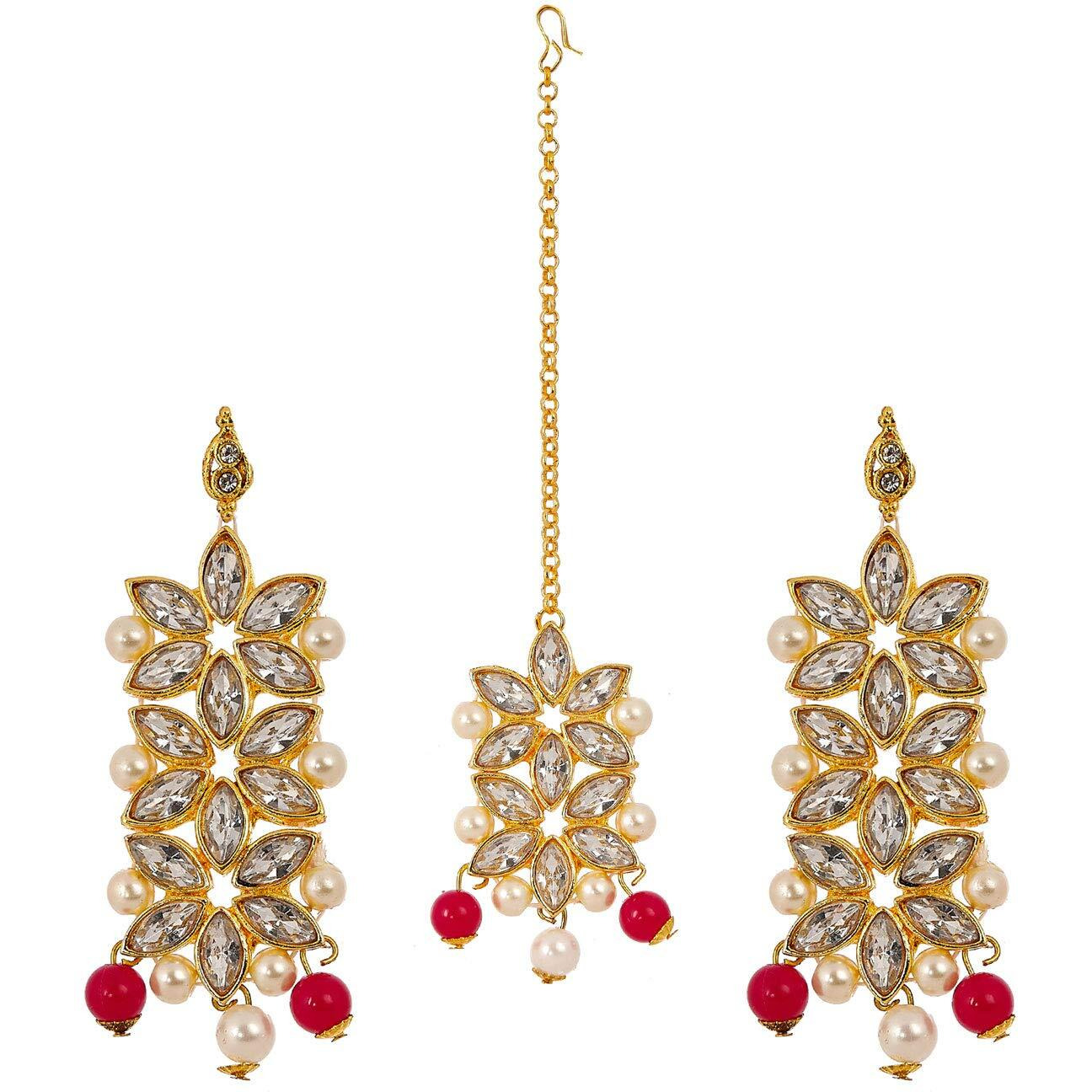 ZENEME Maang Tikka With Earrings Set Flower Shaped Gold Plated Jewellery For Women and Girls (Red White)