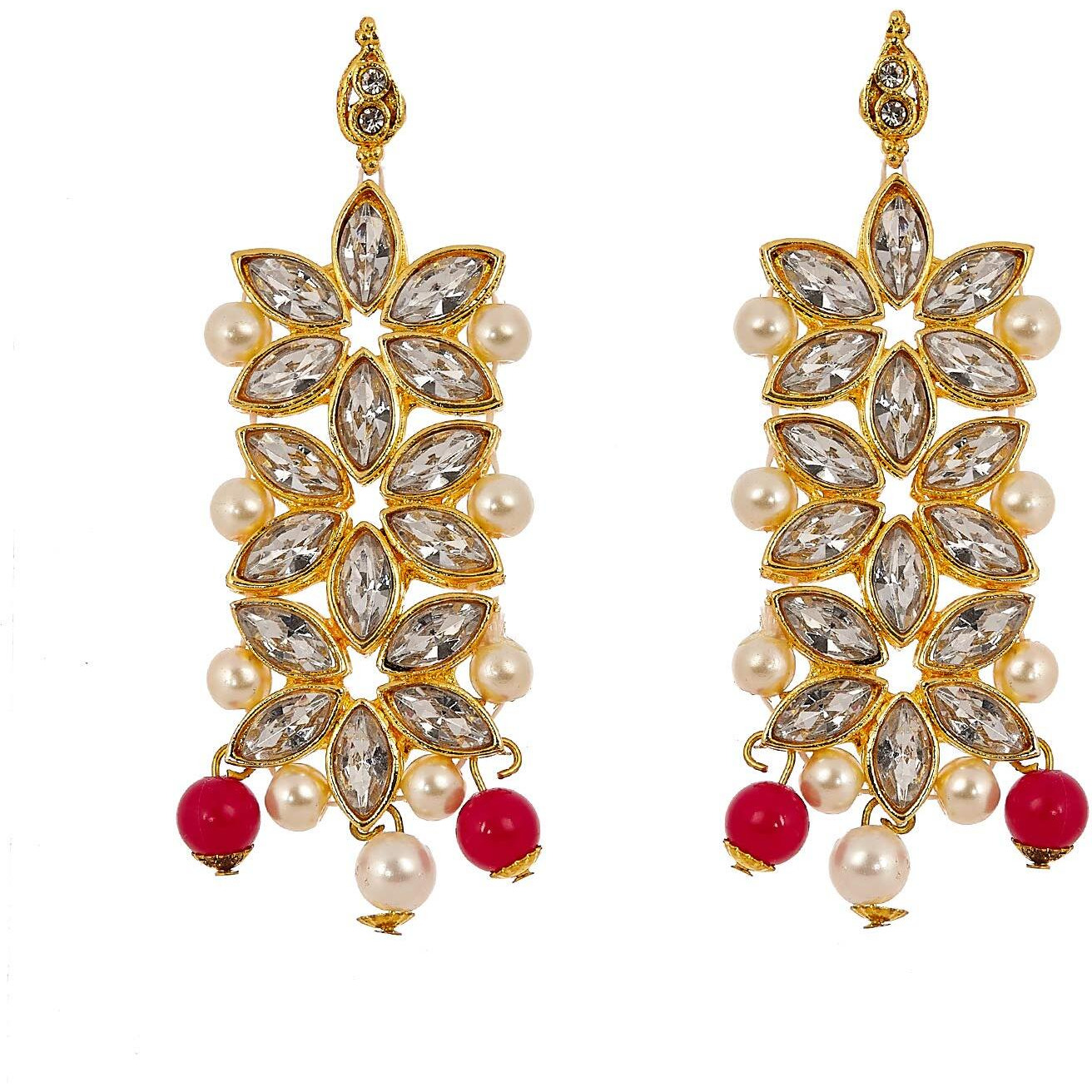 ZENEME Maang Tikka With Earrings Set Flower Shaped Gold Plated Jewellery For Women and Girls (Red White)