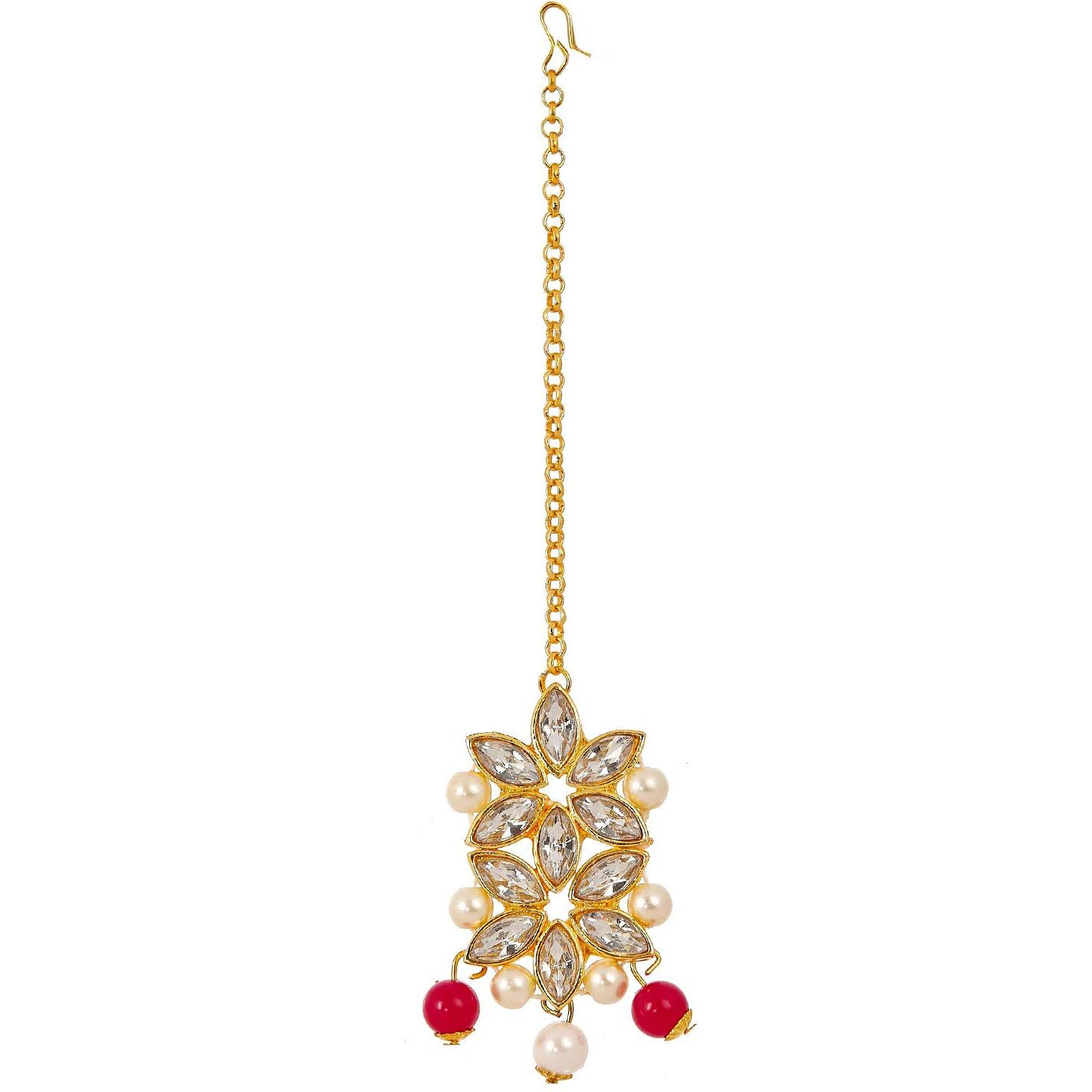 ZENEME Maang Tikka With Earrings Set Flower Shaped Gold Plated Jewellery For Women and Girls (Red White)