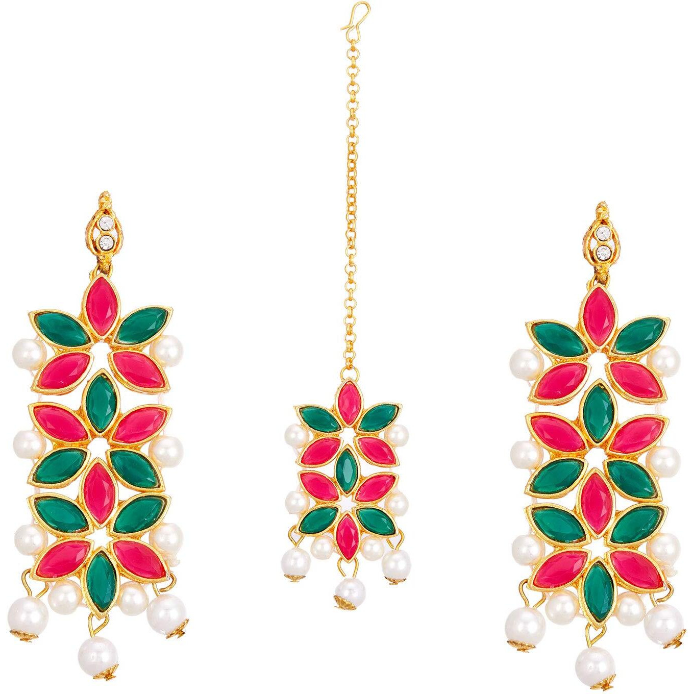 ZENEME Maang Tikka With Earrings Set Flower Shaped Gold Plated Jewellery For Women and Girls (Red Green)
