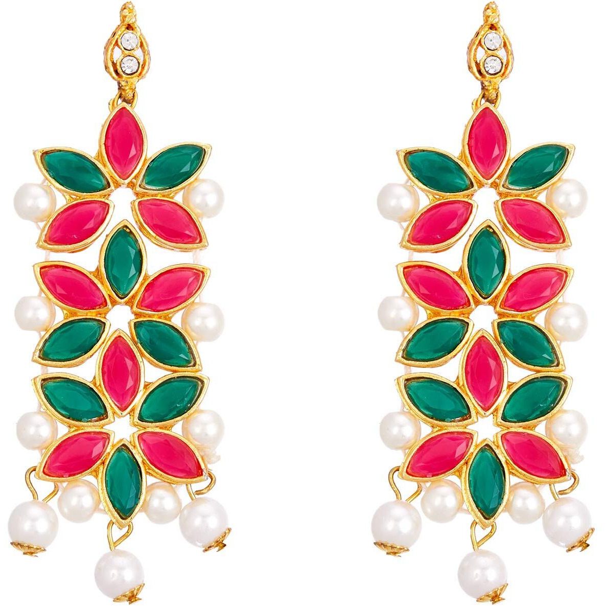 ZENEME Maang Tikka With Earrings Set Flower Shaped Gold Plated Jewellery For Women and Girls (Red Green)