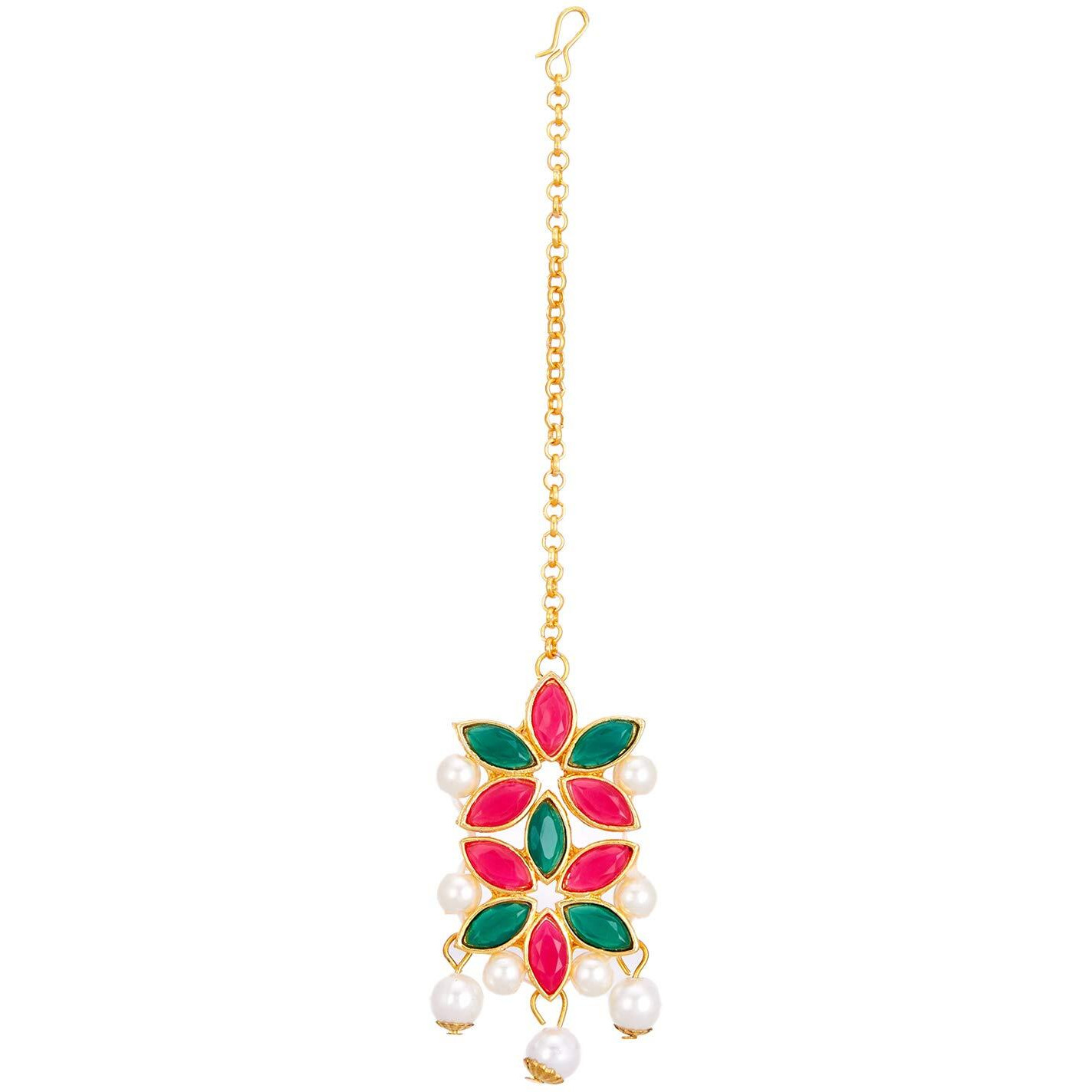 ZENEME Maang Tikka With Earrings Set Flower Shaped Gold Plated Jewellery For Women and Girls (Red Green)