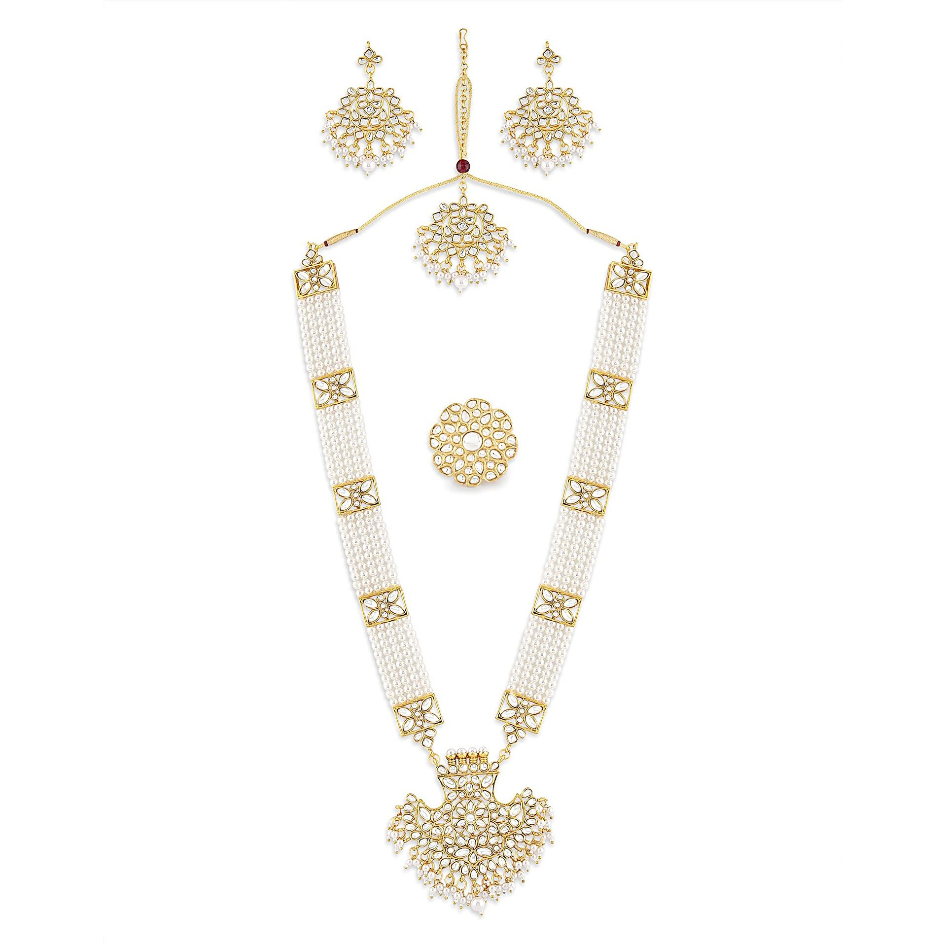 ZAVERI PEARLS Gold Tone Kundan Long Necklace Earring Maangtikka & Ring Set For Women-ZPFK10780
