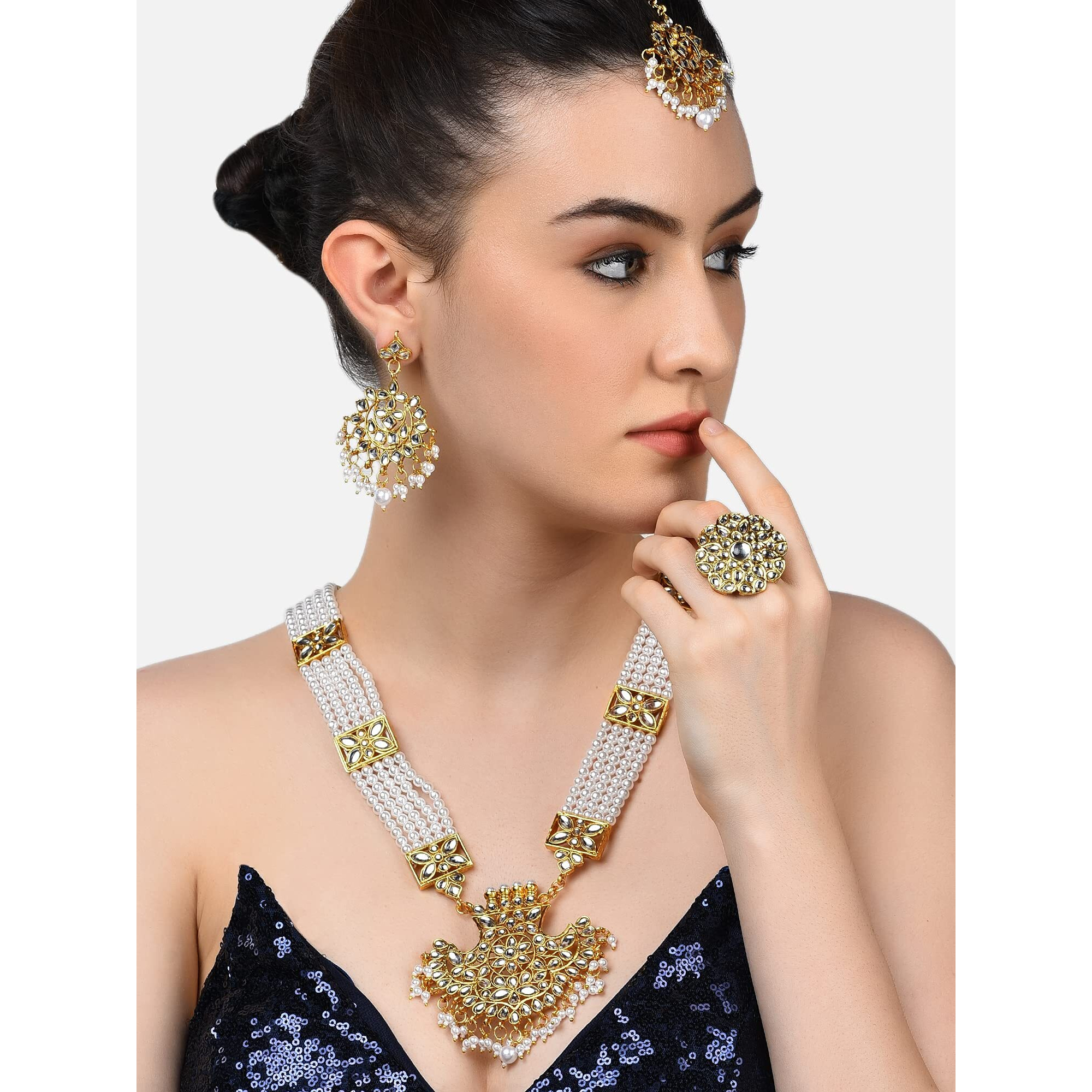 ZAVERI PEARLS Gold Tone Kundan Long Necklace Earring Maangtikka & Ring Set For Women-ZPFK10780