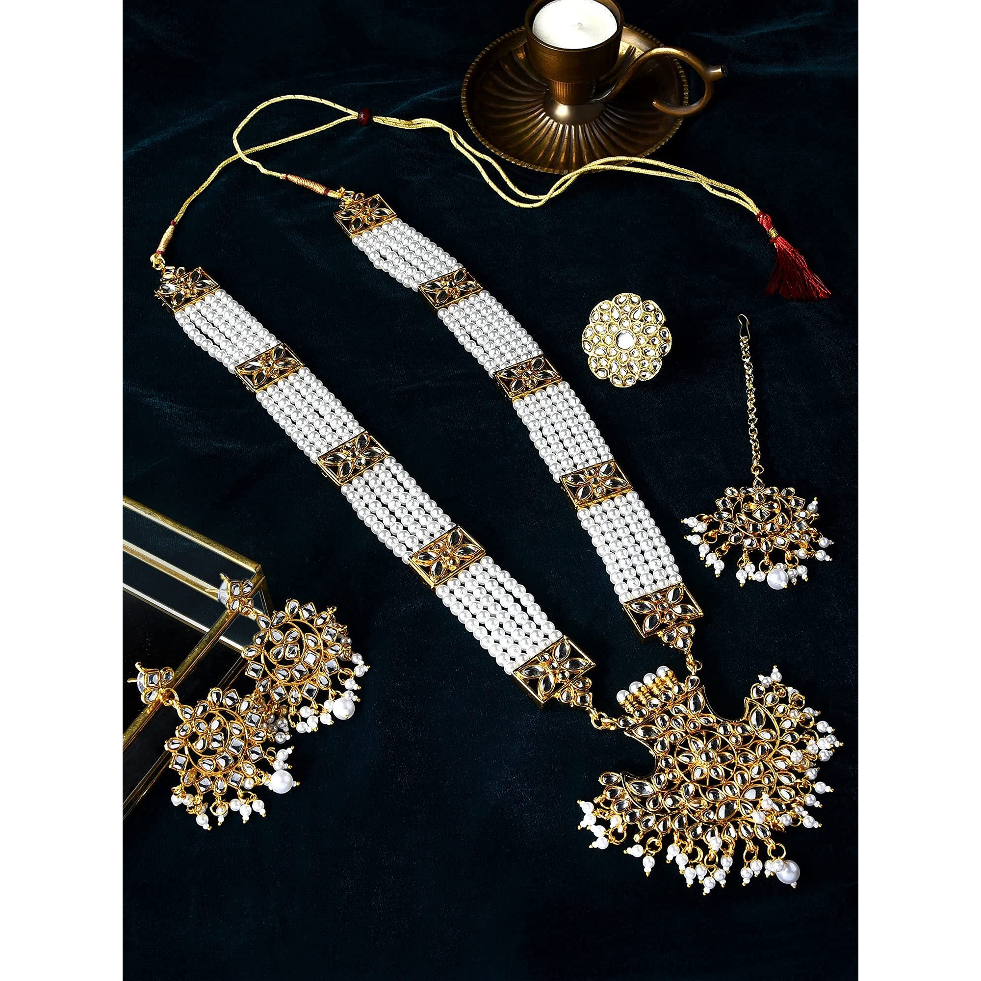 ZAVERI PEARLS Gold Tone Kundan Long Necklace Earring Maangtikka & Ring Set For Women-ZPFK10780