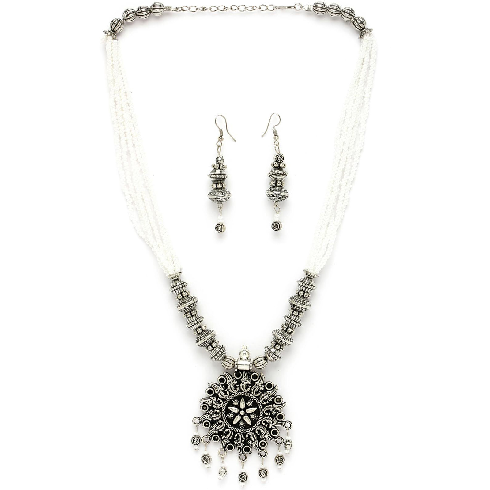Sukkhi Ethnic Oxidised Silver Plated Floral Stylish Beads Long Necklace Set And Earring | Jewellery Set For Women (NS105588)