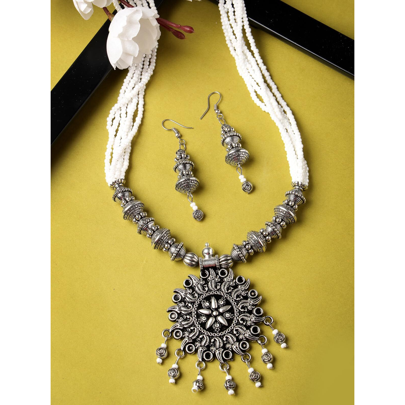 Sukkhi Ethnic Oxidised Silver Plated Floral Stylish Beads Long Necklace Set And Earring | Jewellery Set For Women (NS105588)