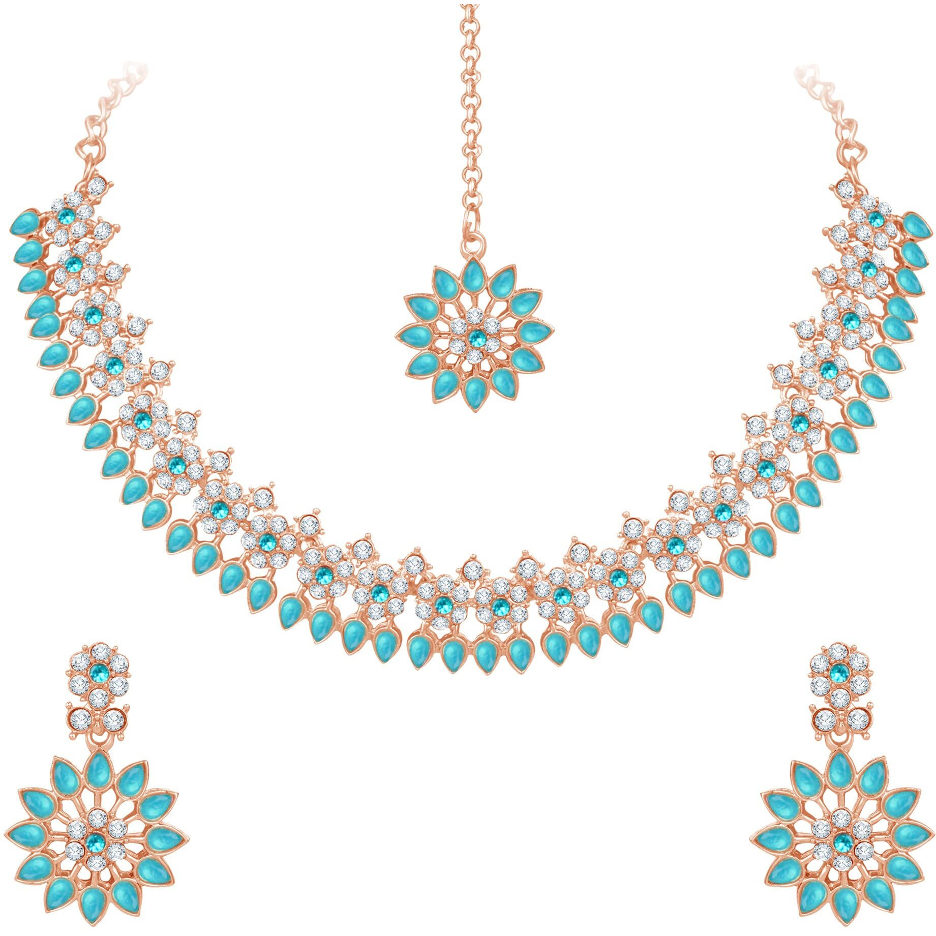 Atasi International Gold Plated Crystal Necklace with Earrings and Maang Tikka for Women - Jewellery Set for Party, Wedding, Engagement, Blue (MB5744)