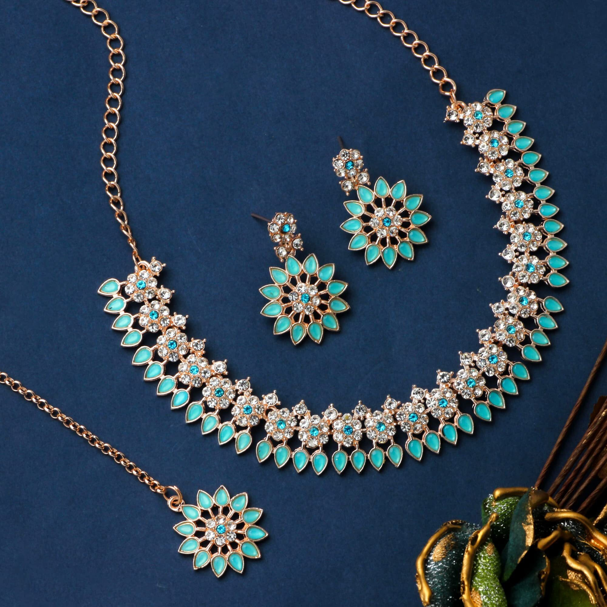 Atasi International Gold Plated Crystal Necklace with Earrings and Maang Tikka for Women - Jewellery Set for Party, Wedding, Engagement, Blue (MB5744)