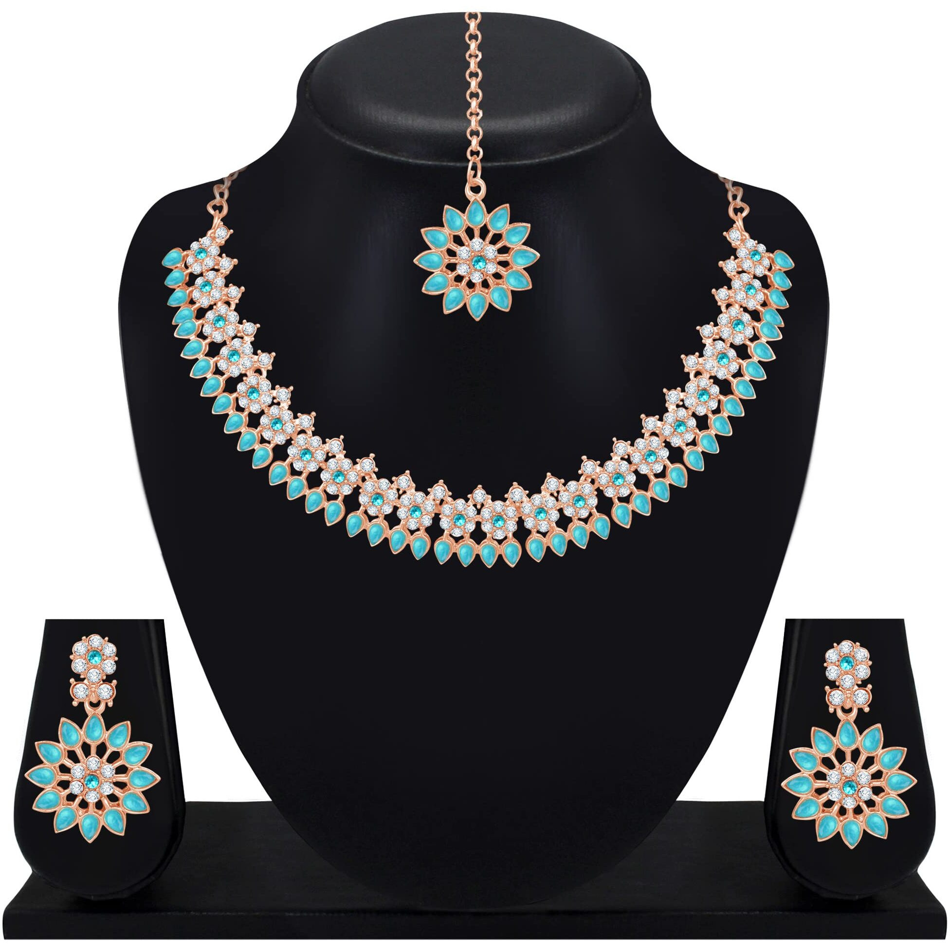 Atasi International Gold Plated Crystal Necklace with Earrings and Maang Tikka for Women - Jewellery Set for Party, Wedding, Engagement, Blue (MB5744)
