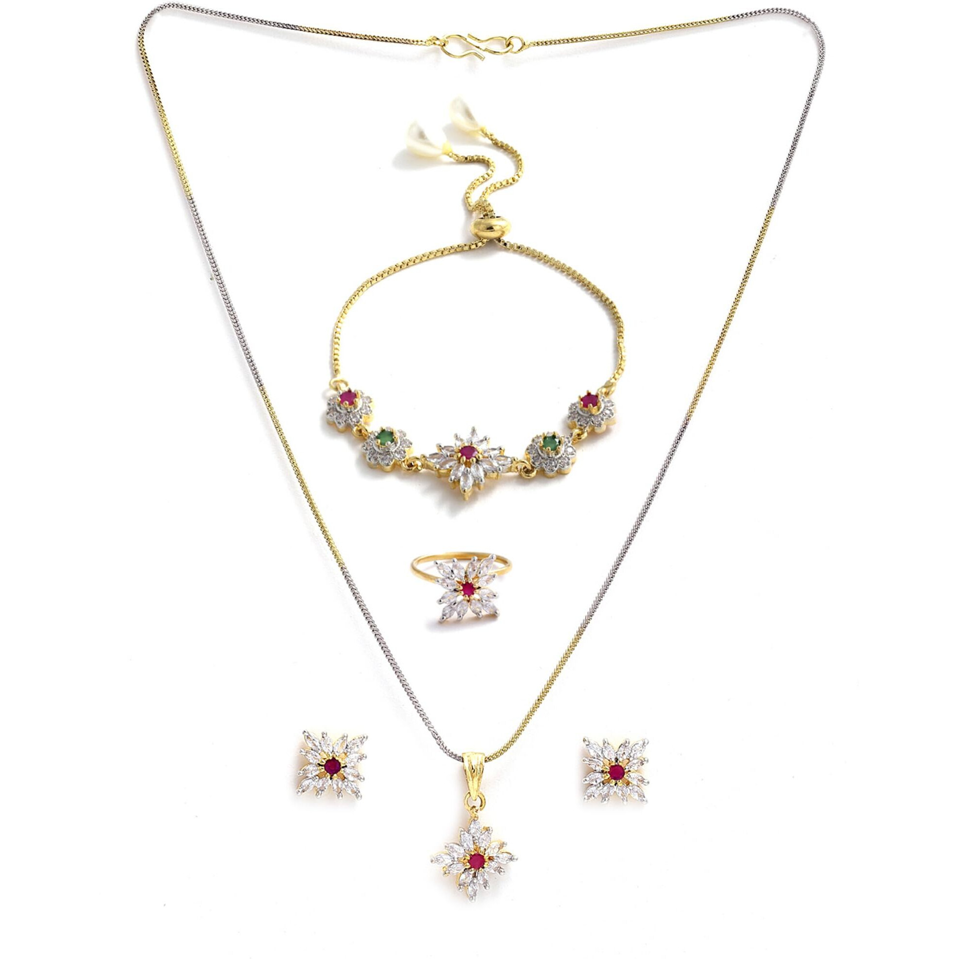 ZENEME Stunning Cubic Zirconia 18K Gold Plated Elegant Pendant Set With Bracelet Ring Jewellery For Women & Girls (Red Green)
