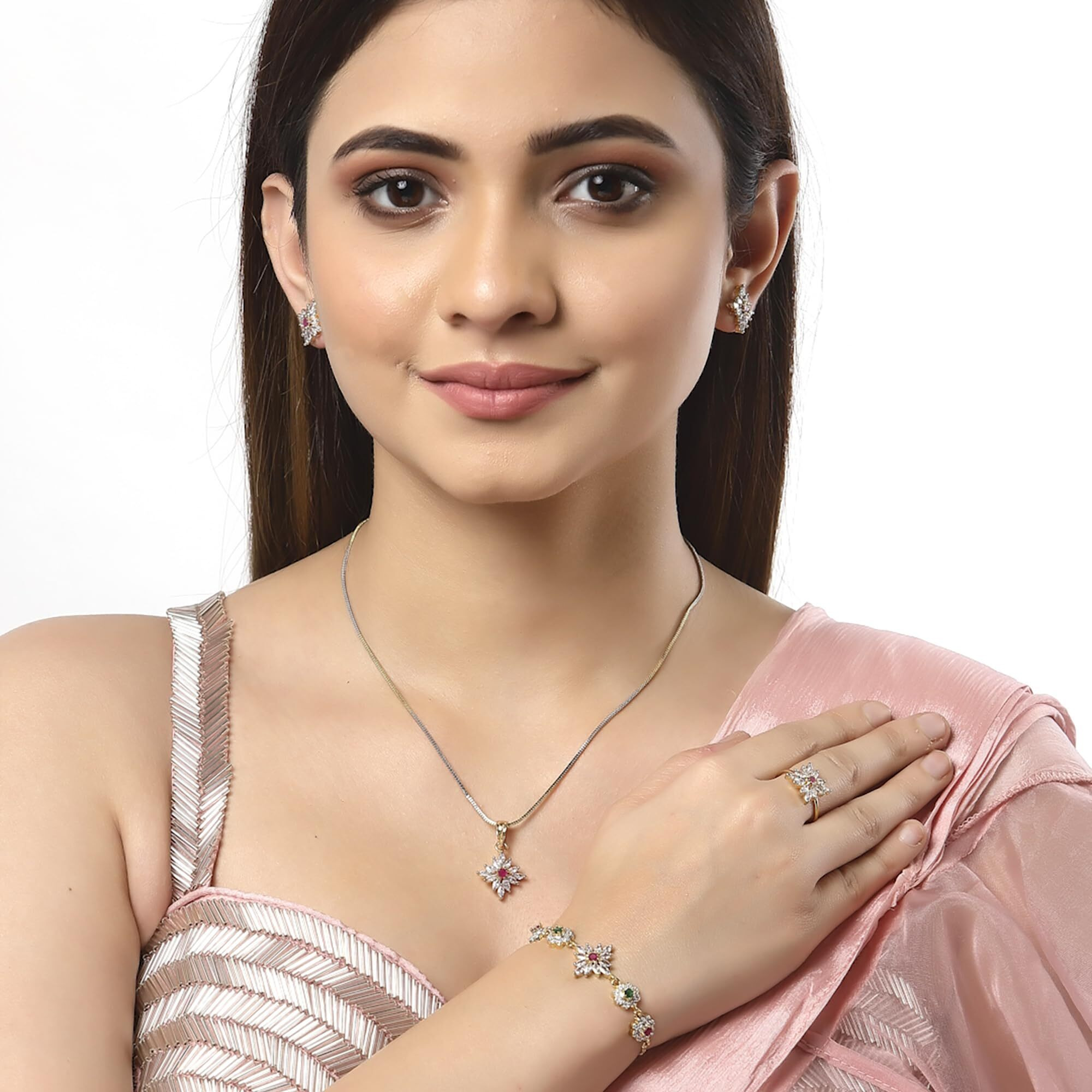 ZENEME Stunning Cubic Zirconia 18K Gold Plated Elegant Pendant Set With Bracelet Ring Jewellery For Women & Girls (Red Green)