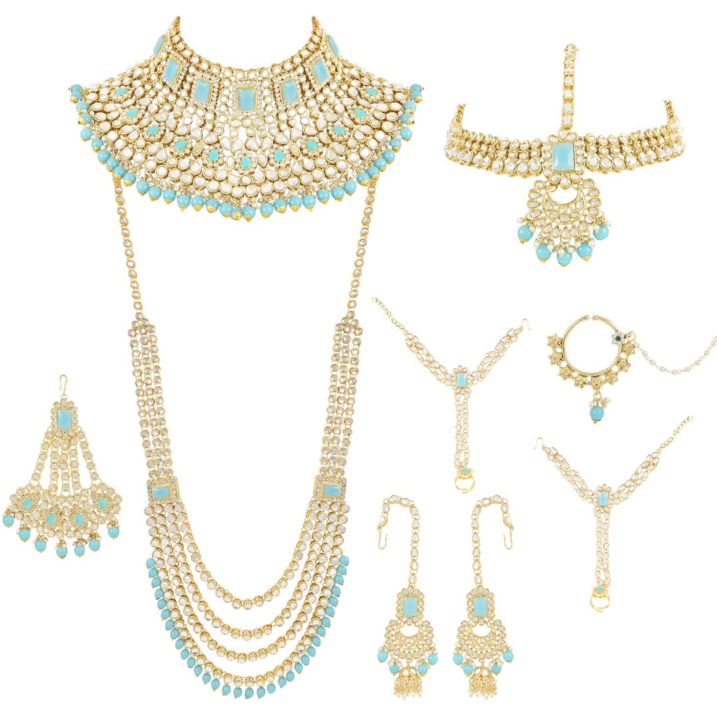 I Jewels Traditional Ethnic Indian Kundan Dulhan Bridal Jewellery Set for Women (Turquoise)