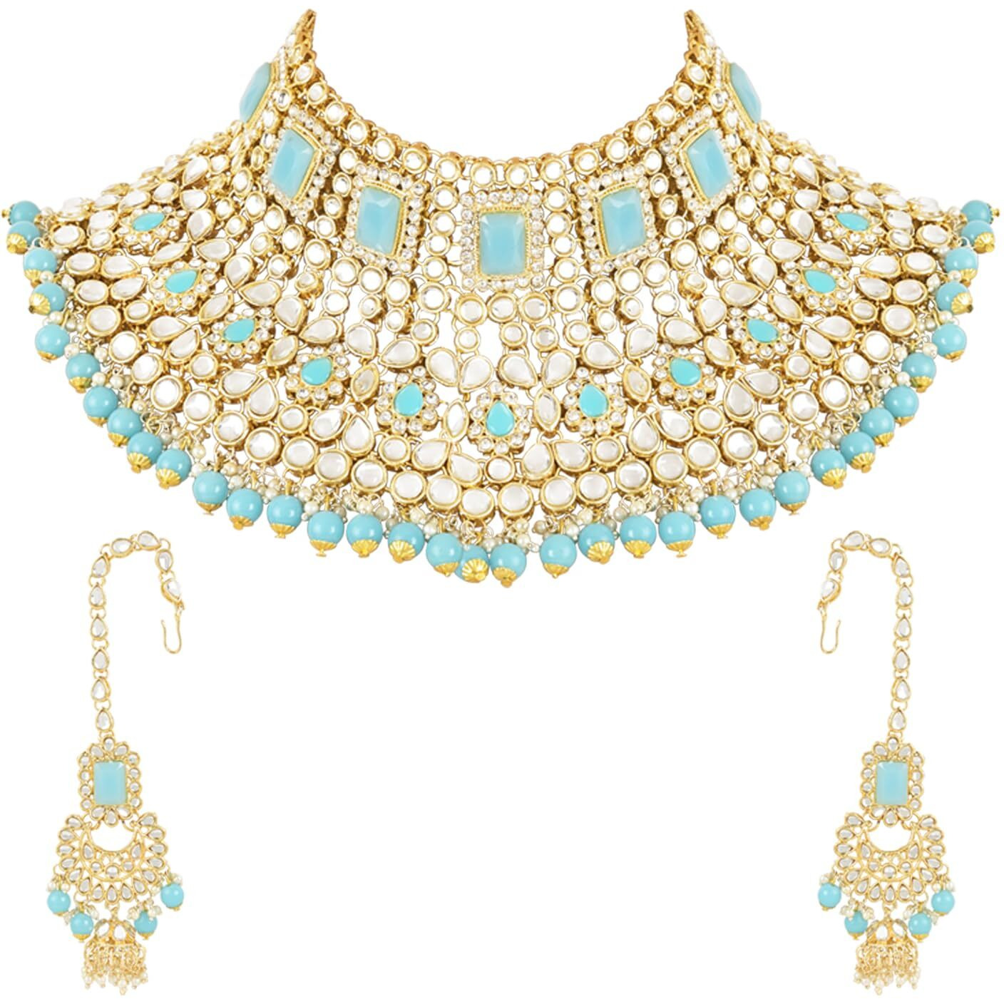 I Jewels Traditional Ethnic Indian Kundan Dulhan Bridal Jewellery Set for Women (Turquoise)