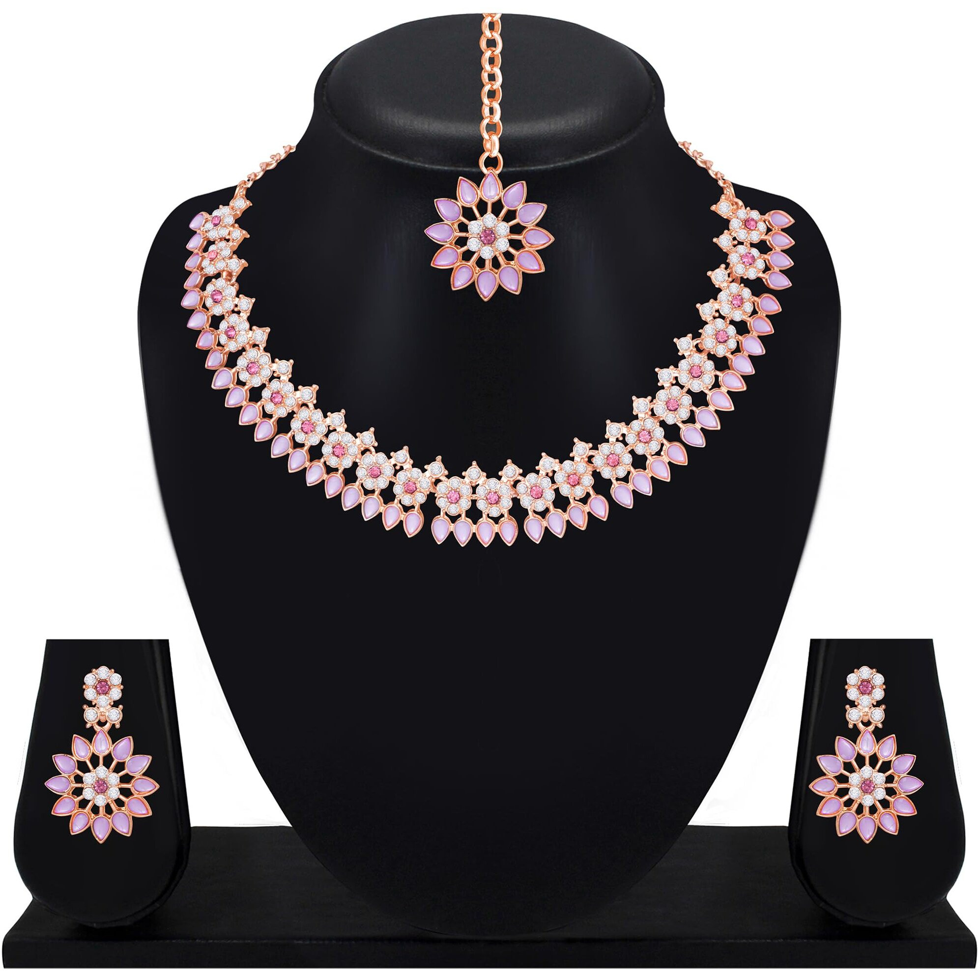 Atasi International Rose Gold Plated Purple Crystal Necklace Jewellery Set with Earrings and Maang Tikka for Women & Grils for Party, Wedding, Engagement (PU5744)