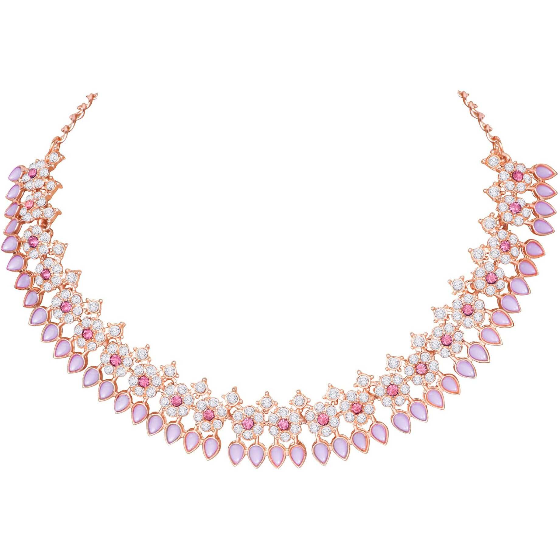 Atasi International Rose Gold Plated Purple Crystal Necklace Jewellery Set with Earrings and Maang Tikka for Women & Grils for Party, Wedding, Engagement (PU5744)