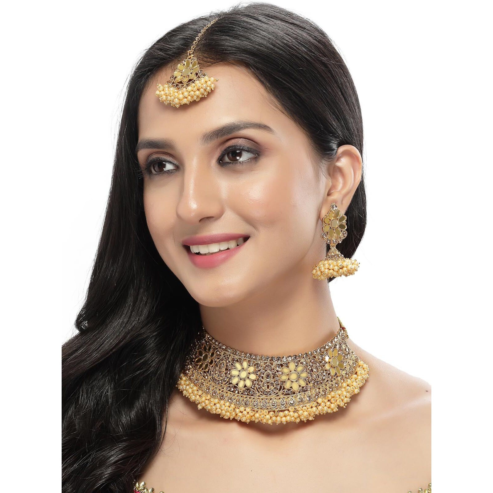 Sukkhi Timelessely Beautiful Gold Plated Gold Kundan & Beads Floral Choker Necklace Set With Earring And Maangtika | Jewellery Set For Women (NS105481)