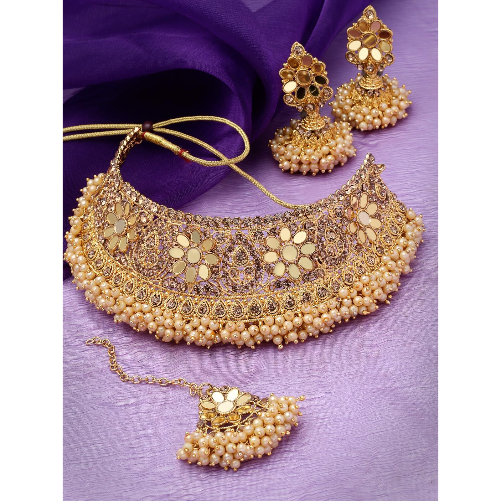 Sukkhi Timelessely Beautiful Gold Plated Gold Kundan & Beads Floral Choker Necklace Set With Earring And Maangtika | Jewellery Set For Women (NS105481)