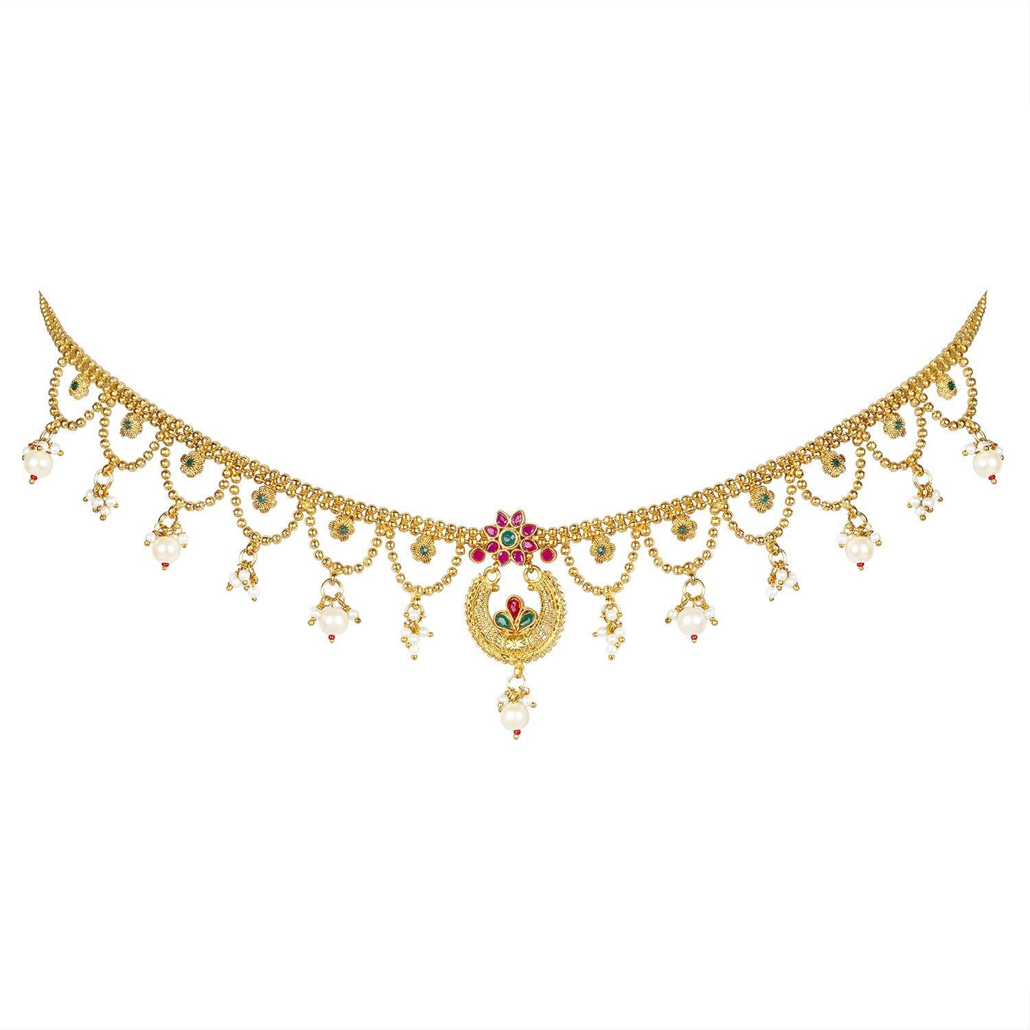 Peora Gold Plated Kundan Pearl Kamar Band Kamar Patta Belly Waist Chain for Women Girls Indian Traditional Ethnic Wedding Adjustable