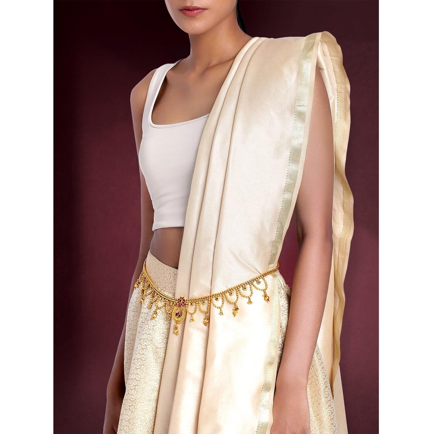 Peora Gold Plated Kundan Pearl Kamar Band Kamar Patta Belly Waist Chain for Women Girls Indian Traditional Ethnic Wedding Adjustable