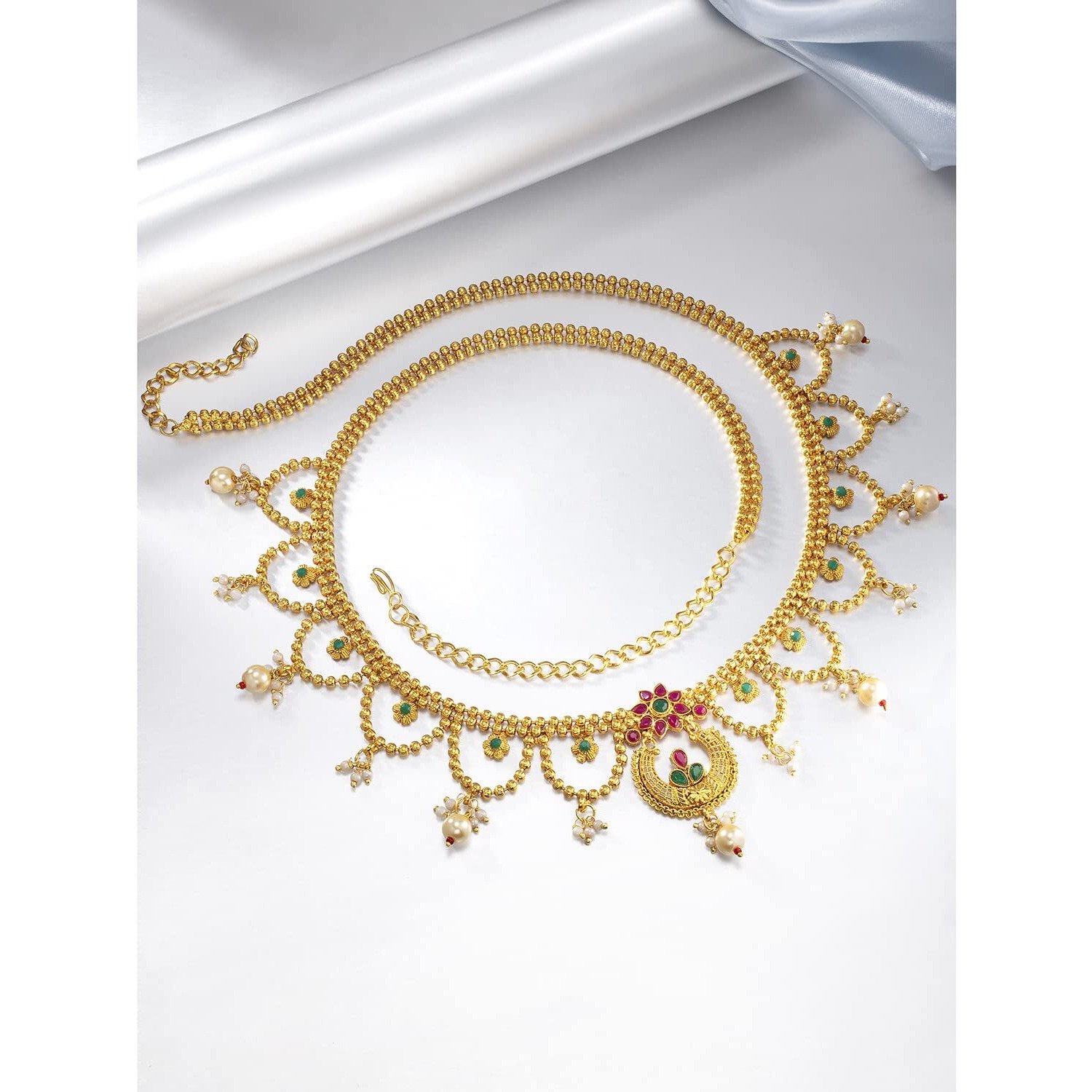 Peora Gold Plated Kundan Pearl Kamar Band Kamar Patta Belly Waist Chain for Women Girls Indian Traditional Ethnic Wedding Adjustable