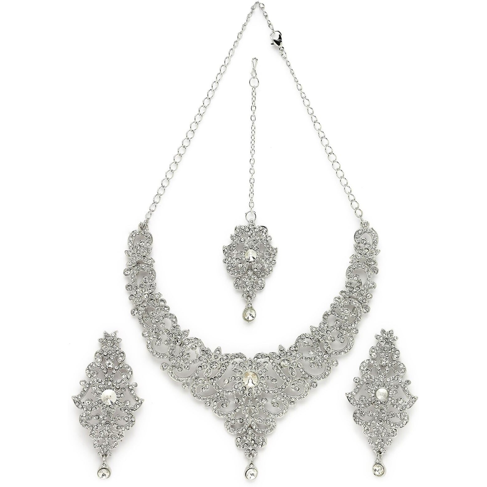 Sukkhi High-Fashion Rhodium Plated Silver AD White Stones Floral Collar Bone Necklace Set With Earring And Maangtika | Jewellery Set For Women (NS105612)