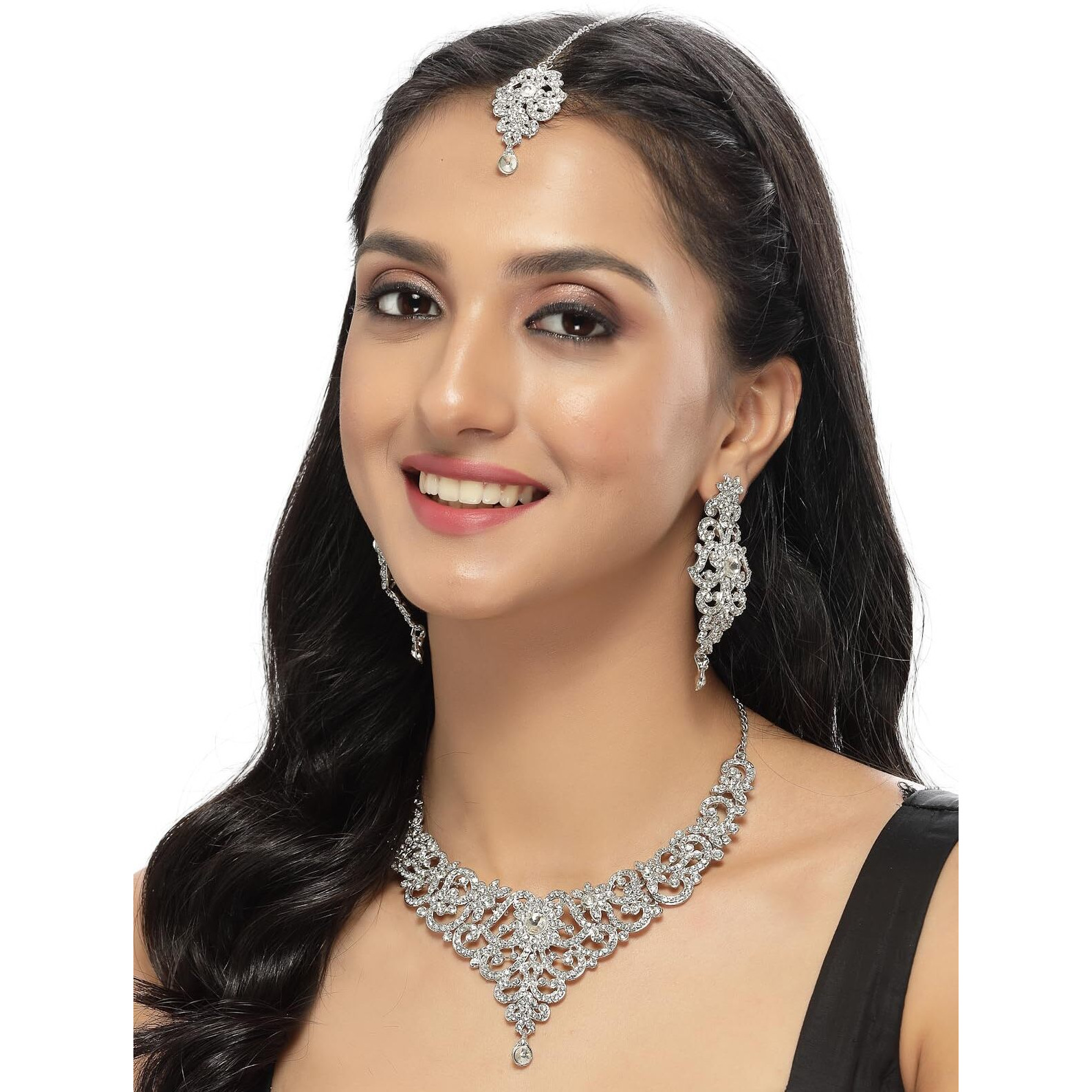 Sukkhi High-Fashion Rhodium Plated Silver AD White Stones Floral Collar Bone Necklace Set With Earring And Maangtika | Jewellery Set For Women (NS105612)