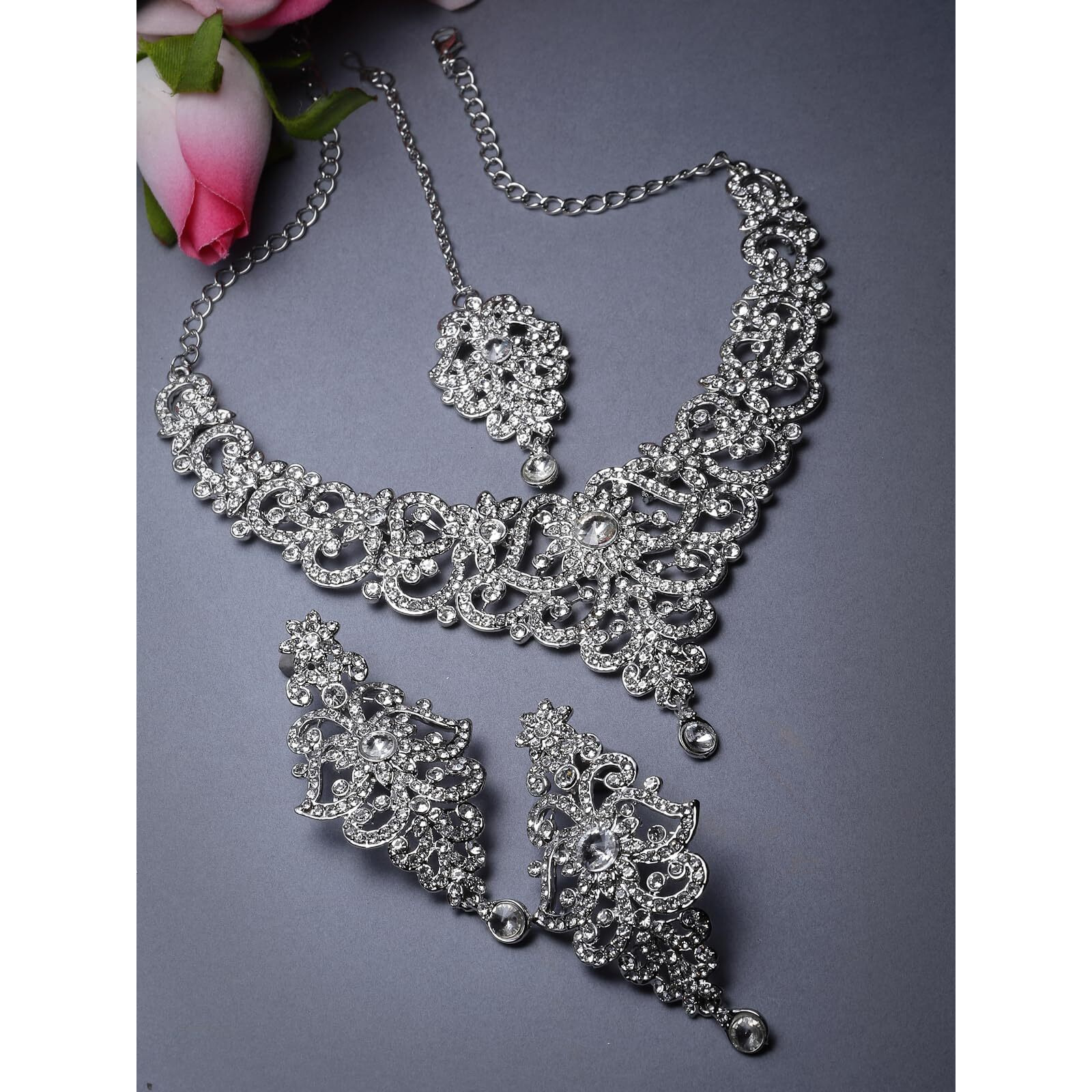 Sukkhi High-Fashion Rhodium Plated Silver AD White Stones Floral Collar Bone Necklace Set With Earring And Maangtika | Jewellery Set For Women (NS105612)